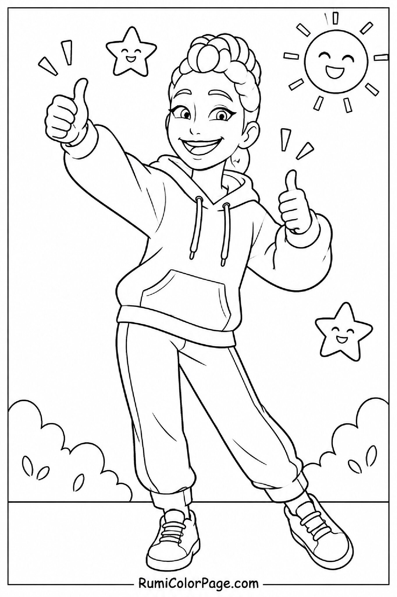 Rumi cheering with thumbs up in a full-body slight right lean coloring page
