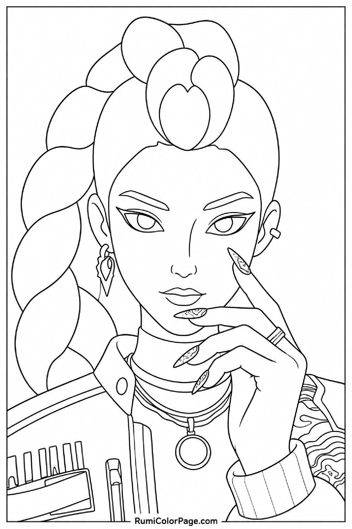 Rumi Close Up With Intense Stare and Detailed Nails coloring page