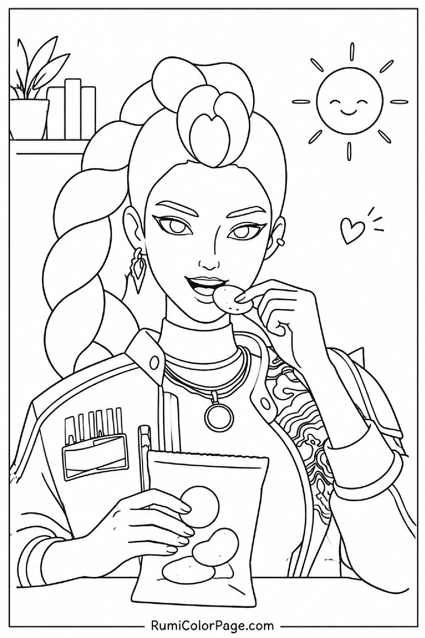 Rumi Eating a Snack Happily coloring page