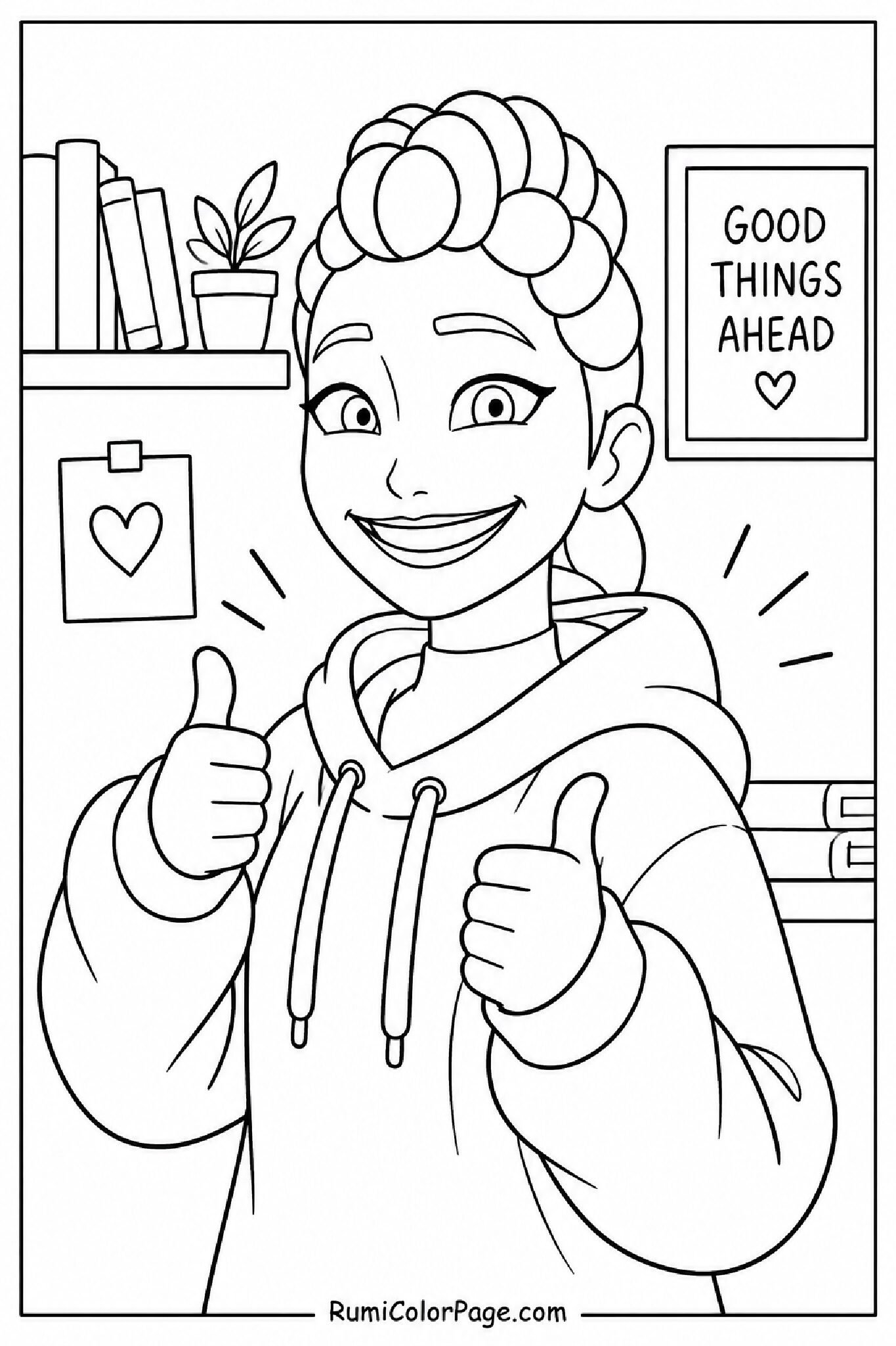 Cheerful Rumi giving thumbs up in a half-body slight right turn coloring page