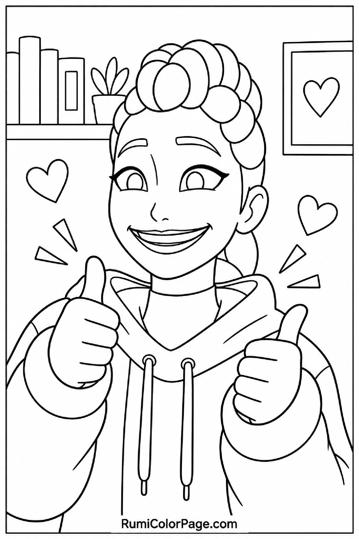 Excited Rumi giving thumbs up with raised eyebrows in a close-up coloring page