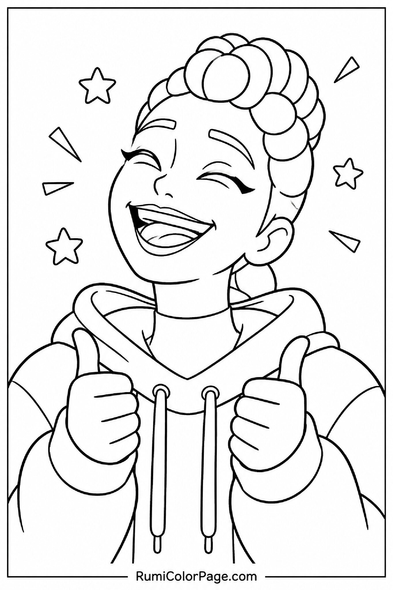 Rumi laughing with head tilted back and giving thumbs up close-up coloring page