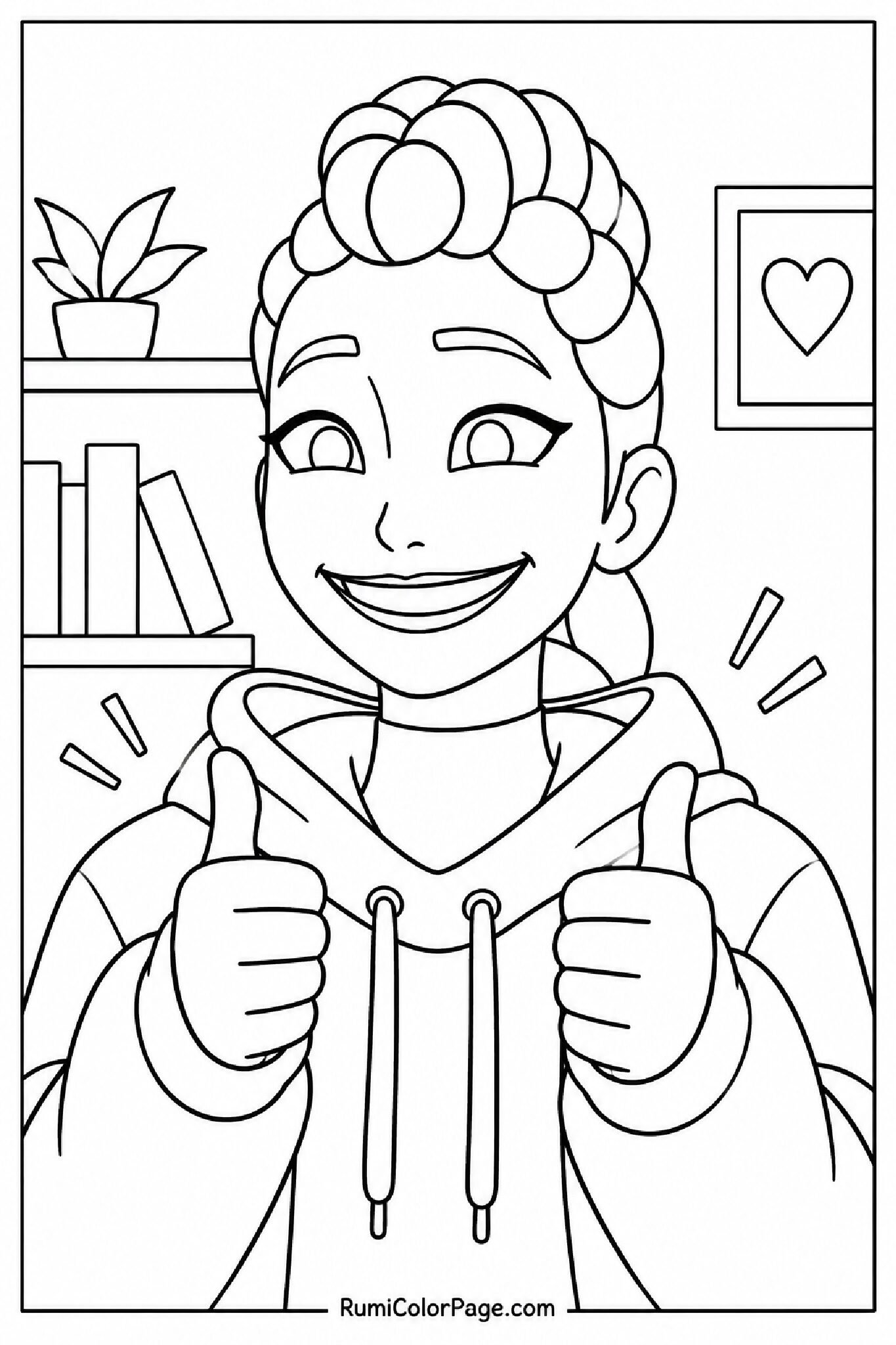 Friendly Rumi giving thumbs up in a straight-on close-up coloring page