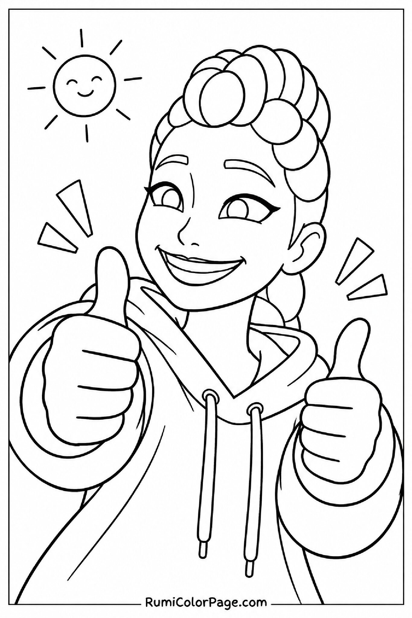 Rumi giving thumbs up and smiling wide in a three-quarter close-up coloring page