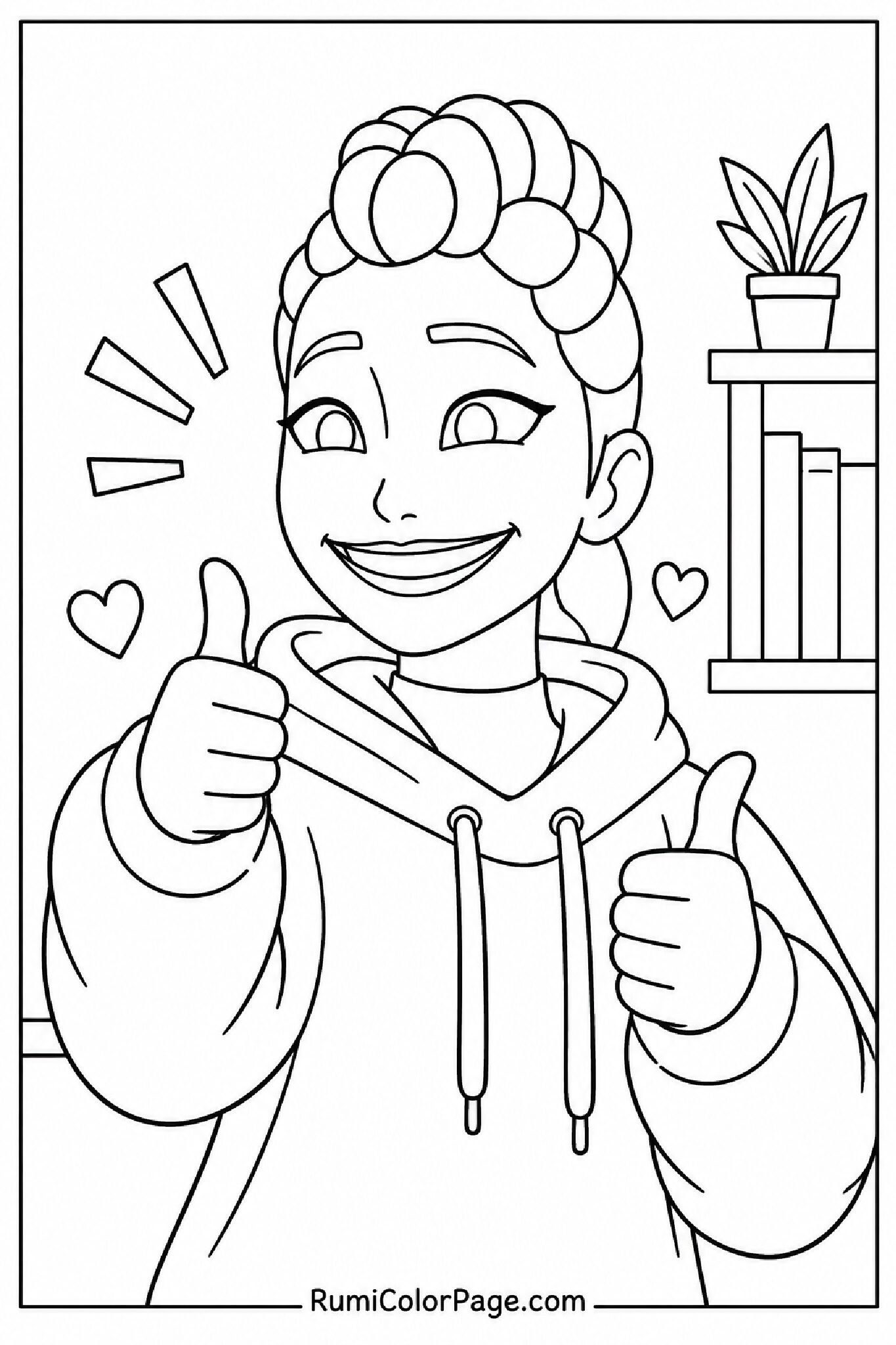 Rumi giving a big thumbs up in a half-body slight left turn coloring page