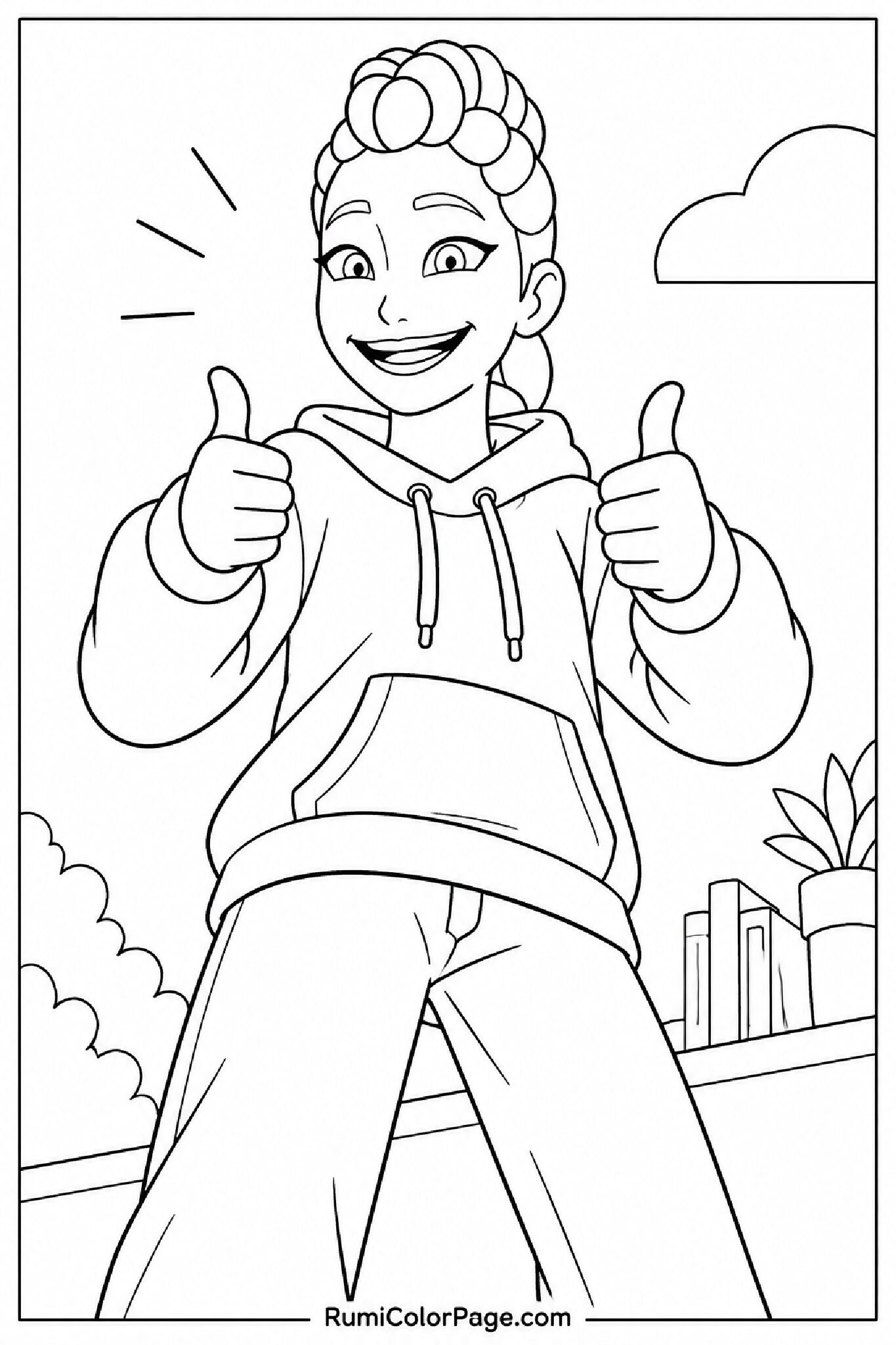 Rumi giving a confident thumbs up from a low angle while standing tall coloring page
