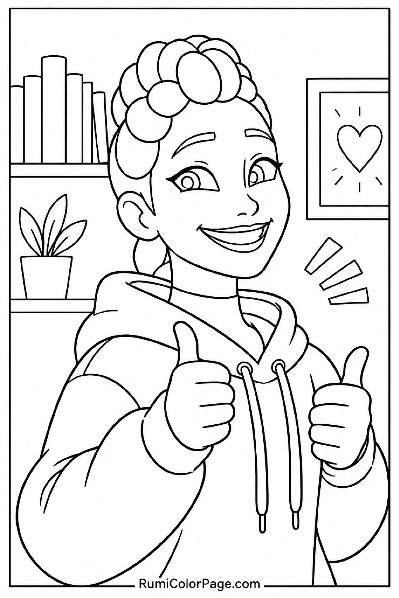 Rumi giving a proud thumbs up at a three-quarter right angle coloring page