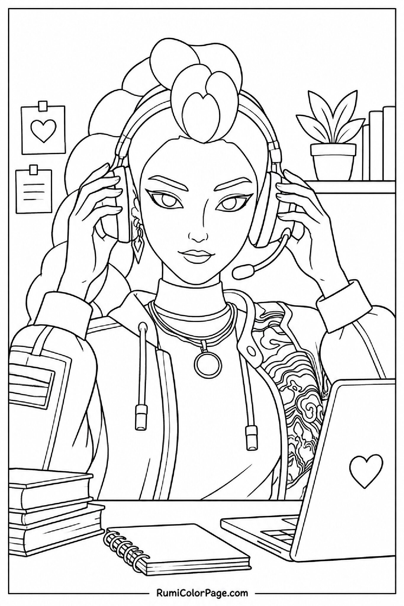Rumi Holding Headset Prepping coloring page