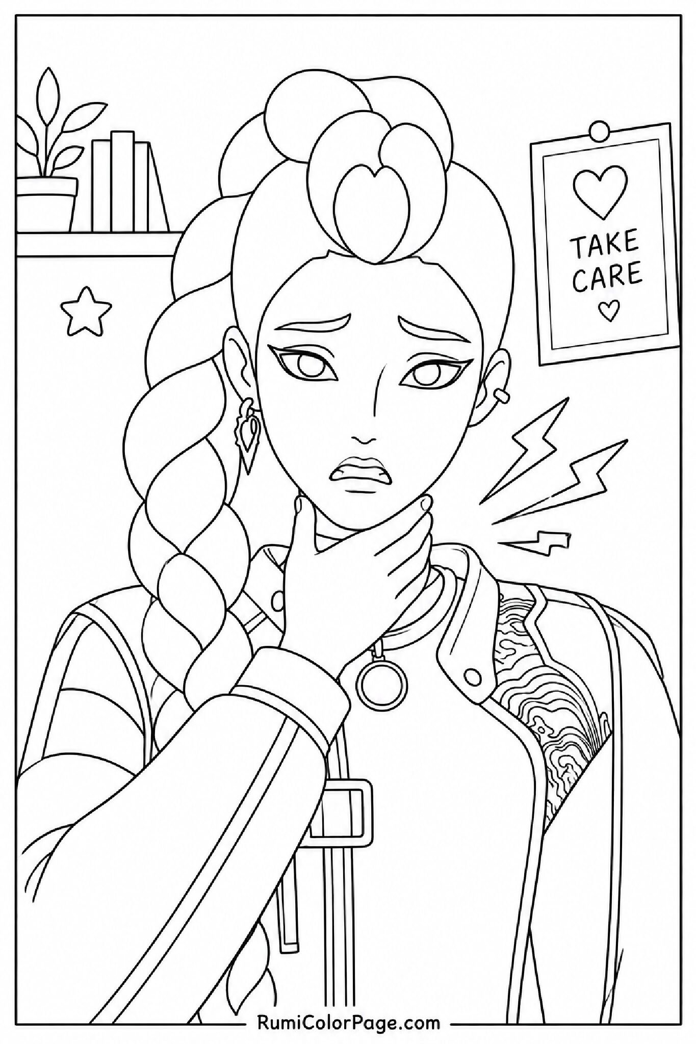 Rumi Holding Throat With Scared Expression coloring page