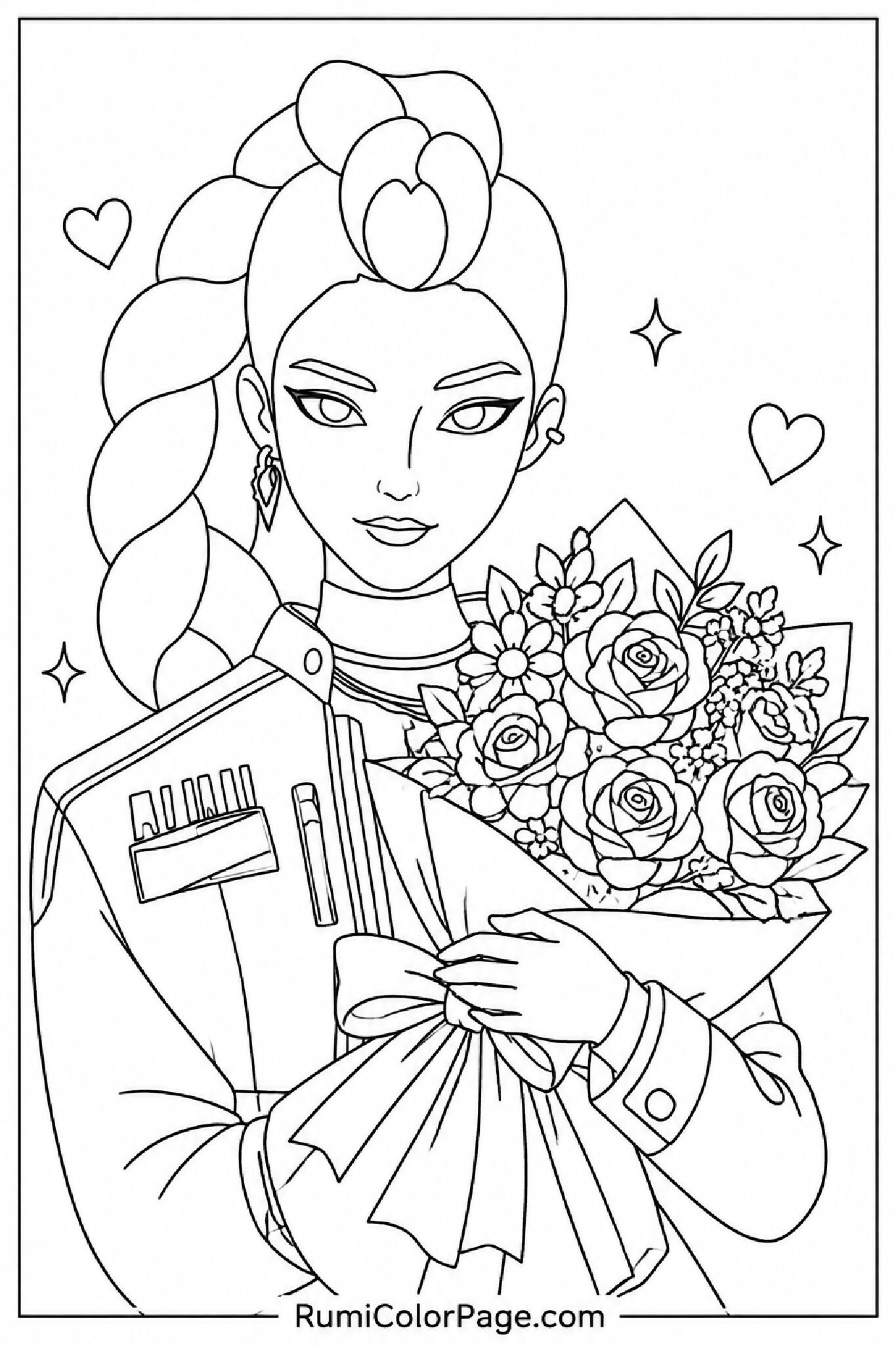 Rumi Holding a Bouquet of Flowers coloring page