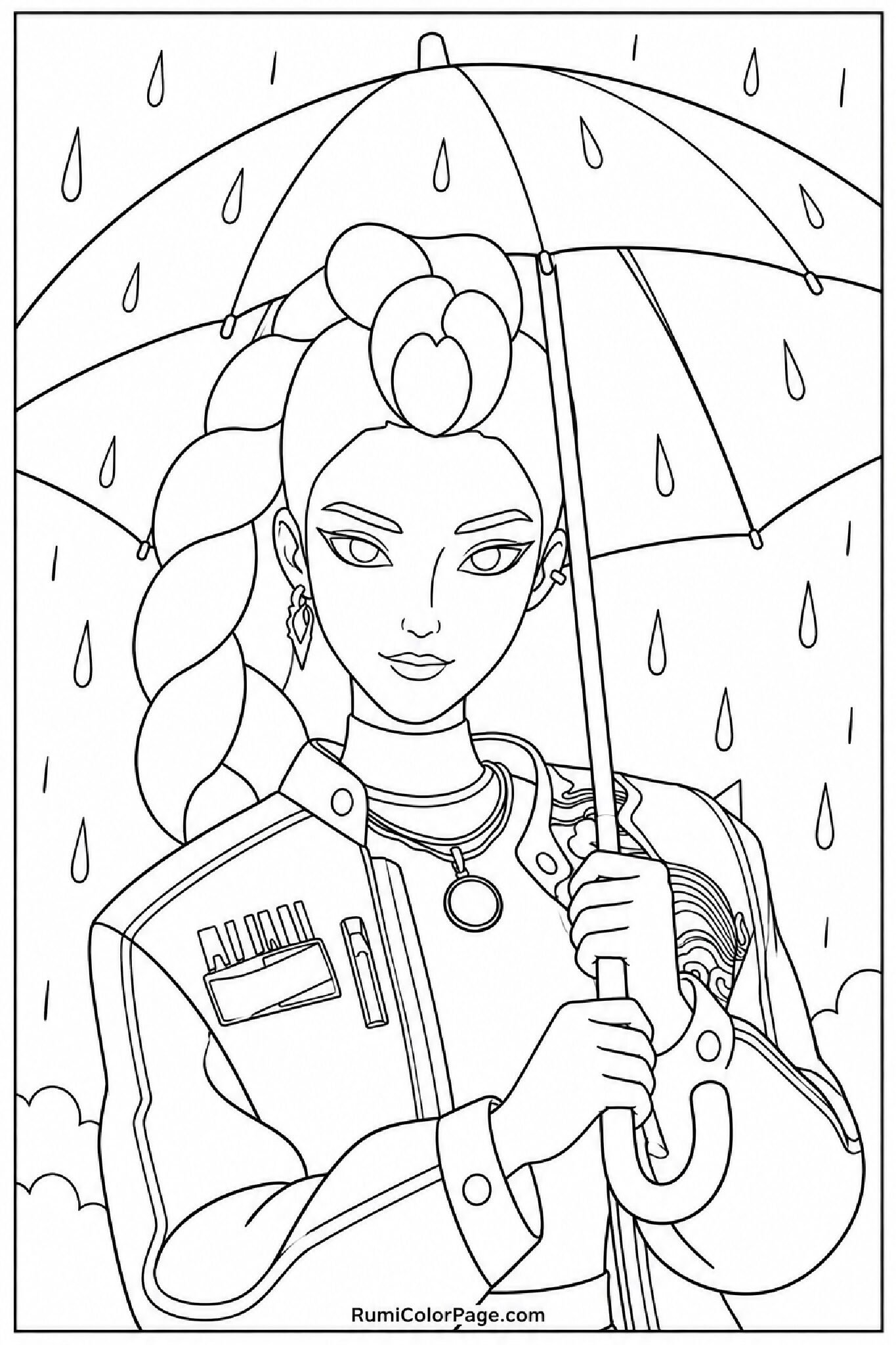 Rumi Holding an Umbrella in Rain coloring page