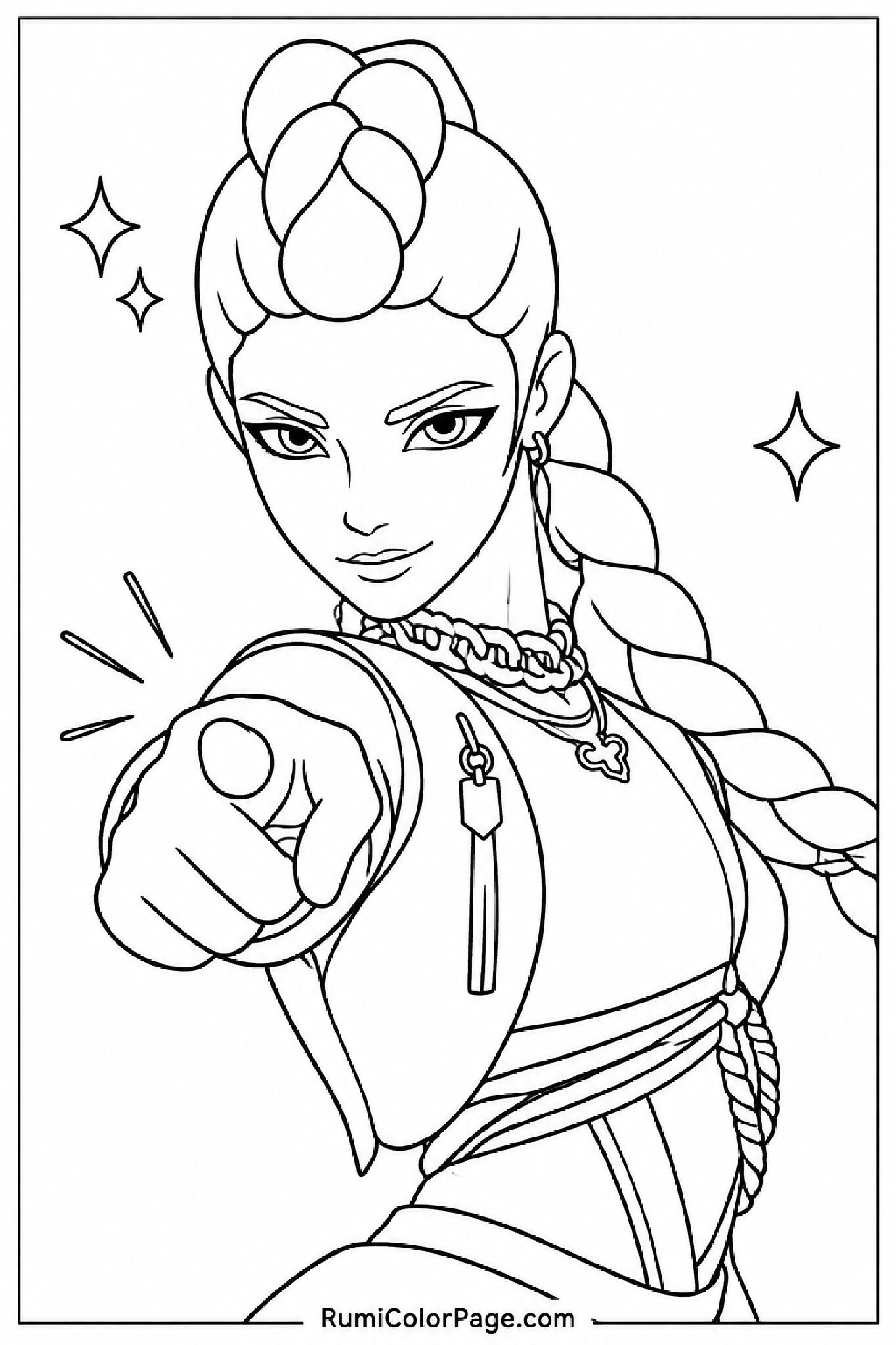 Rumi Looking Intense With Sharp Focus Three-Quarter Angle Close-Up coloring page