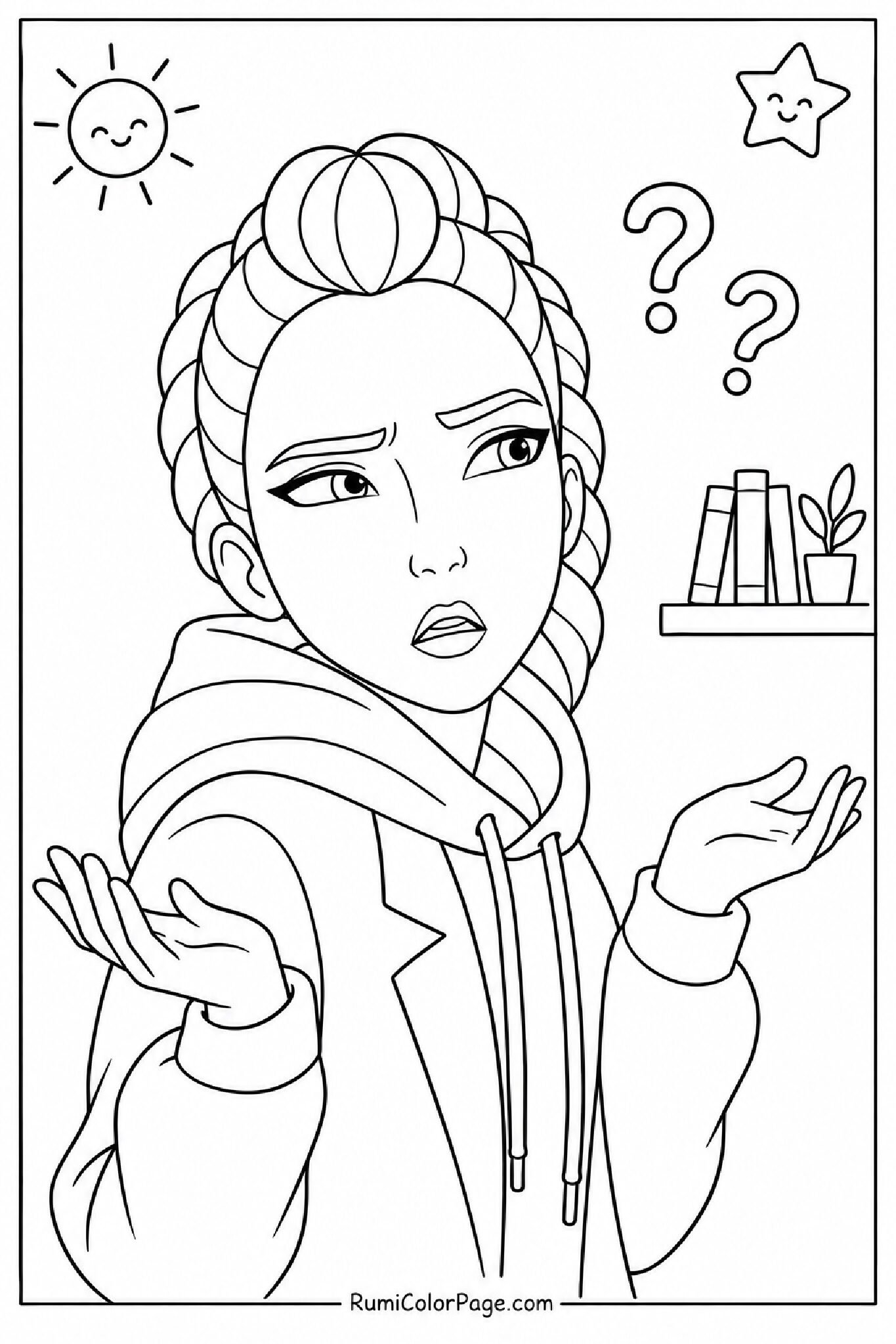 Rumi Looking Confused Both Hands Up Half-Body Side Profile coloring page