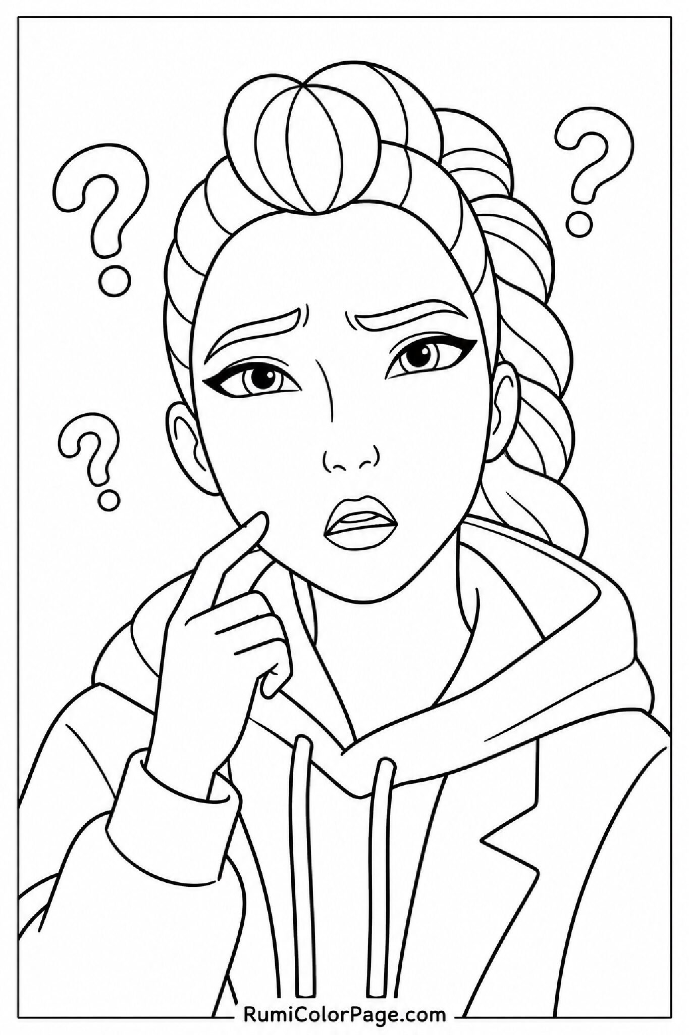 Rumi Looking Confused Eyebrows Raised Straight-On Shoulders-Up coloring page