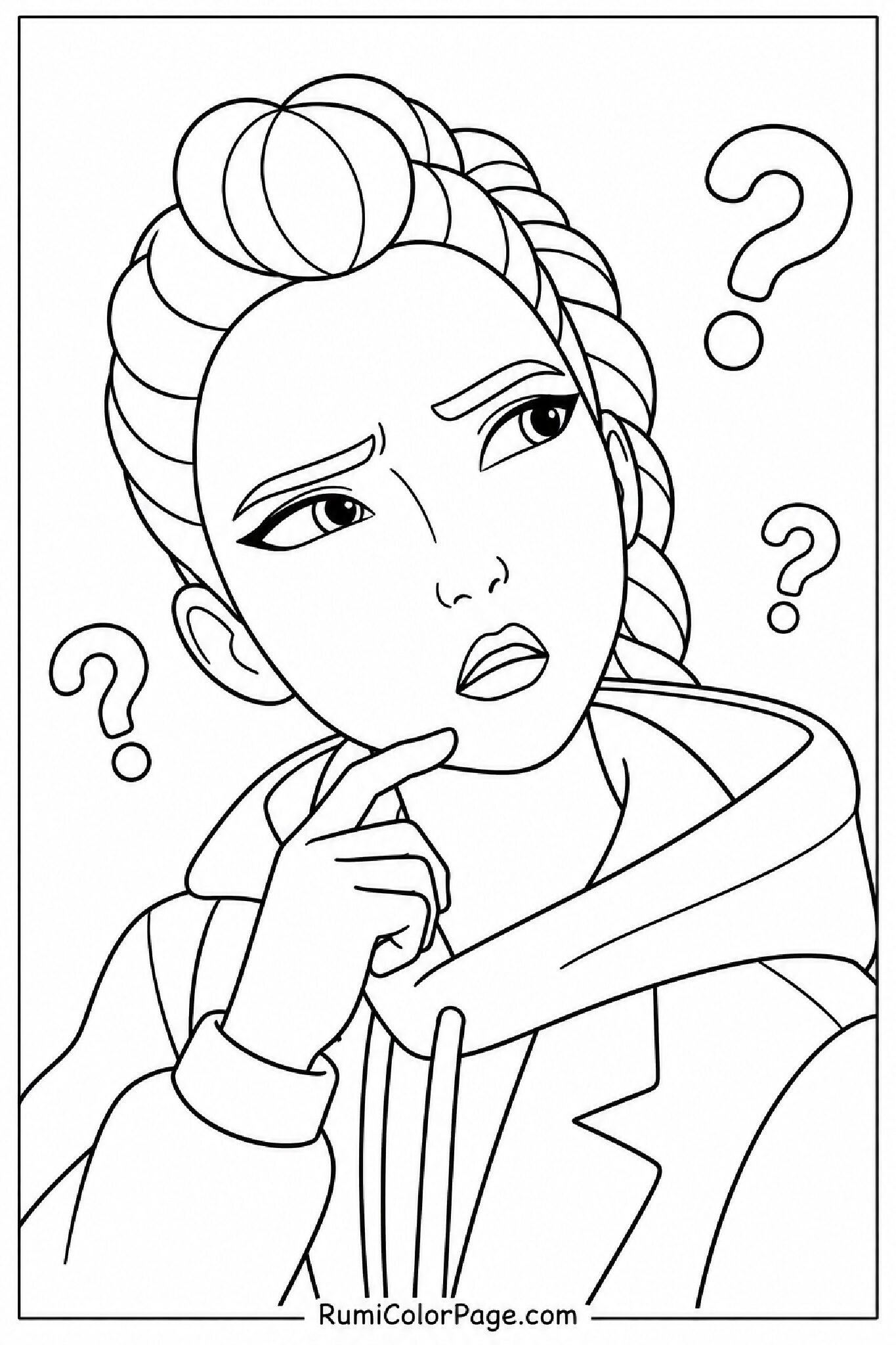 Rumi Looking Confused Head Tilted Three-Quarter Angle Close-Up coloring page