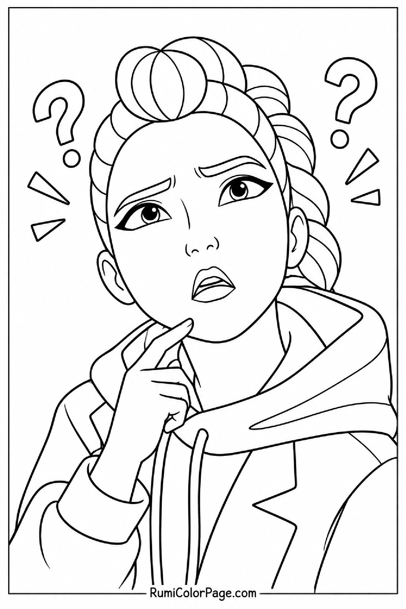 Rumi Looking Confused and Surprised Chin Raised Close-Up coloring page