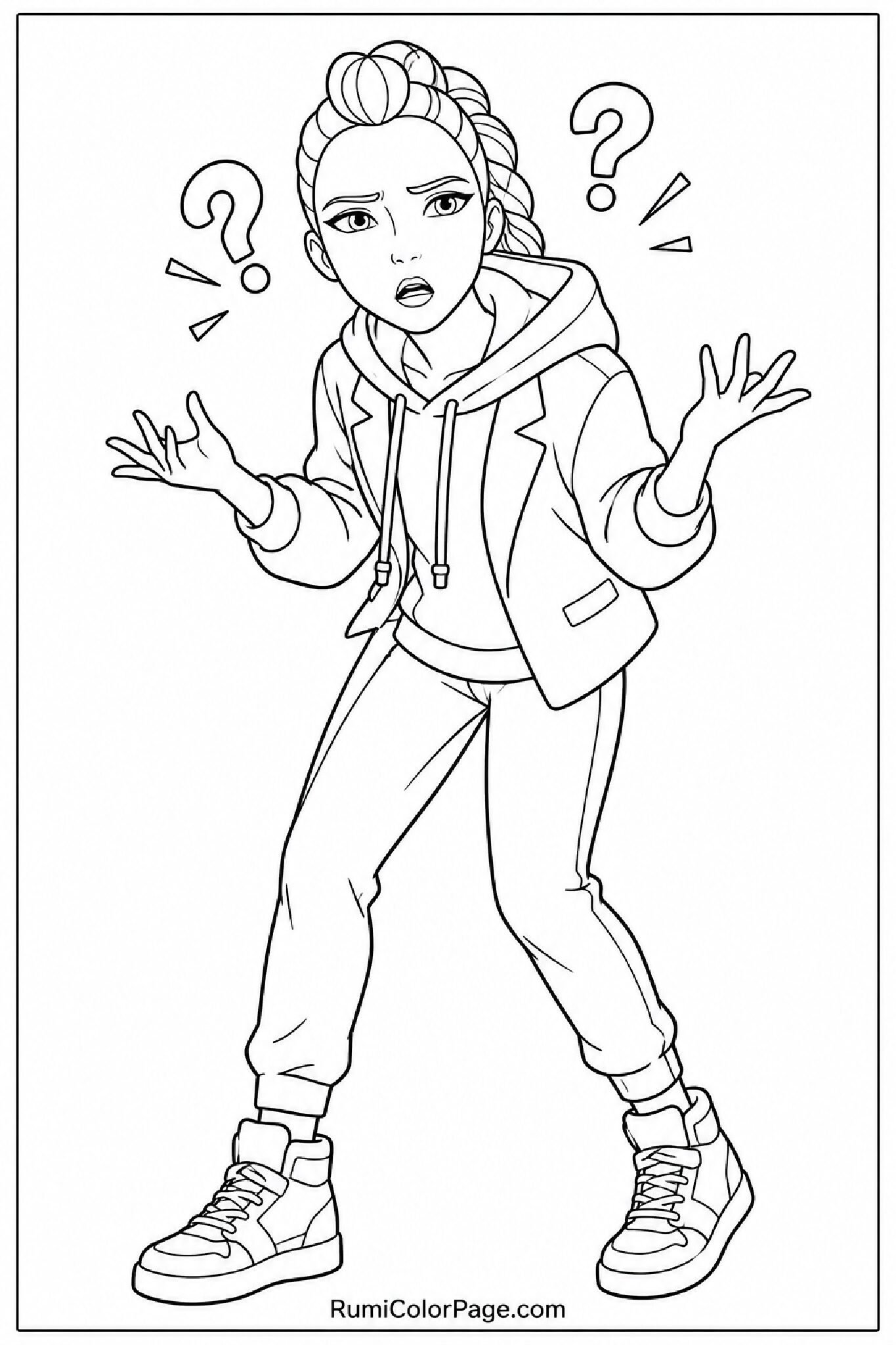 Rumi Looking Confused and Surprised Full-Body Slight Right Lean coloring page