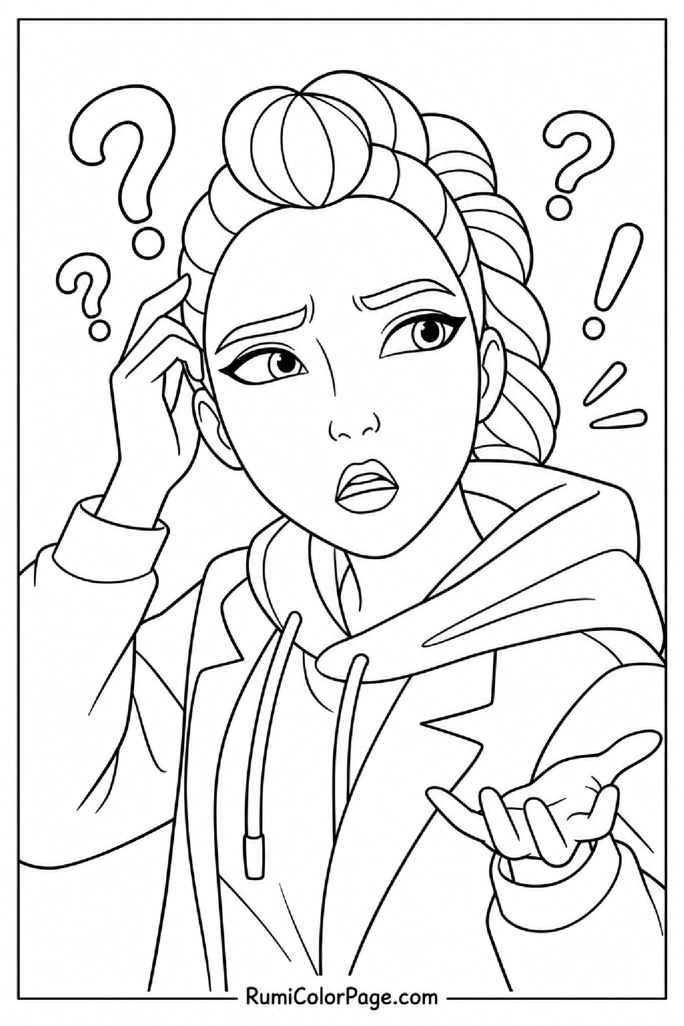 Rumi Looking Confused and Surprised Half-Body Slight Left Turn coloring page