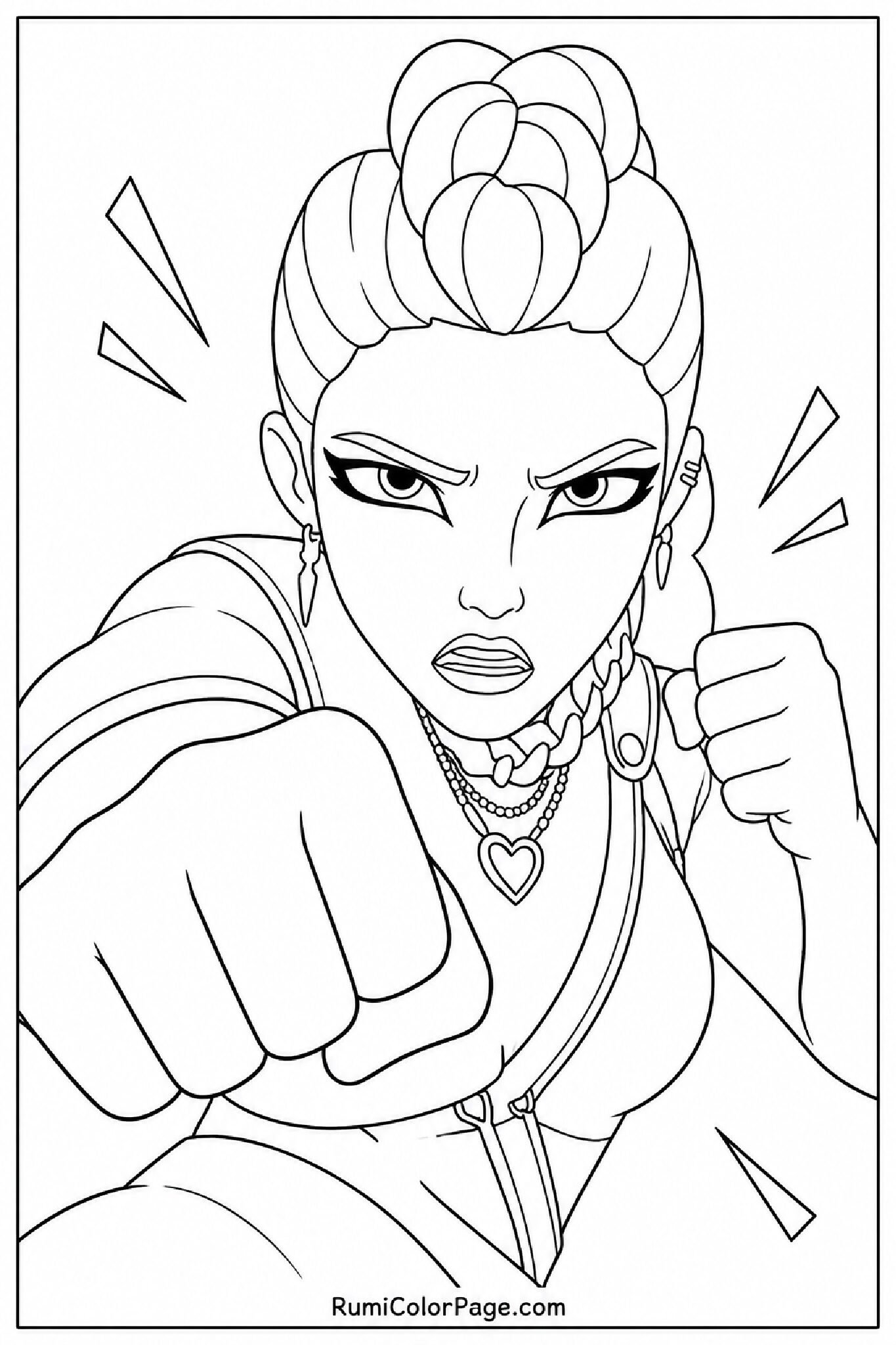 Rumi Looking Intense Fists Ready Low Angle Close-Up coloring page