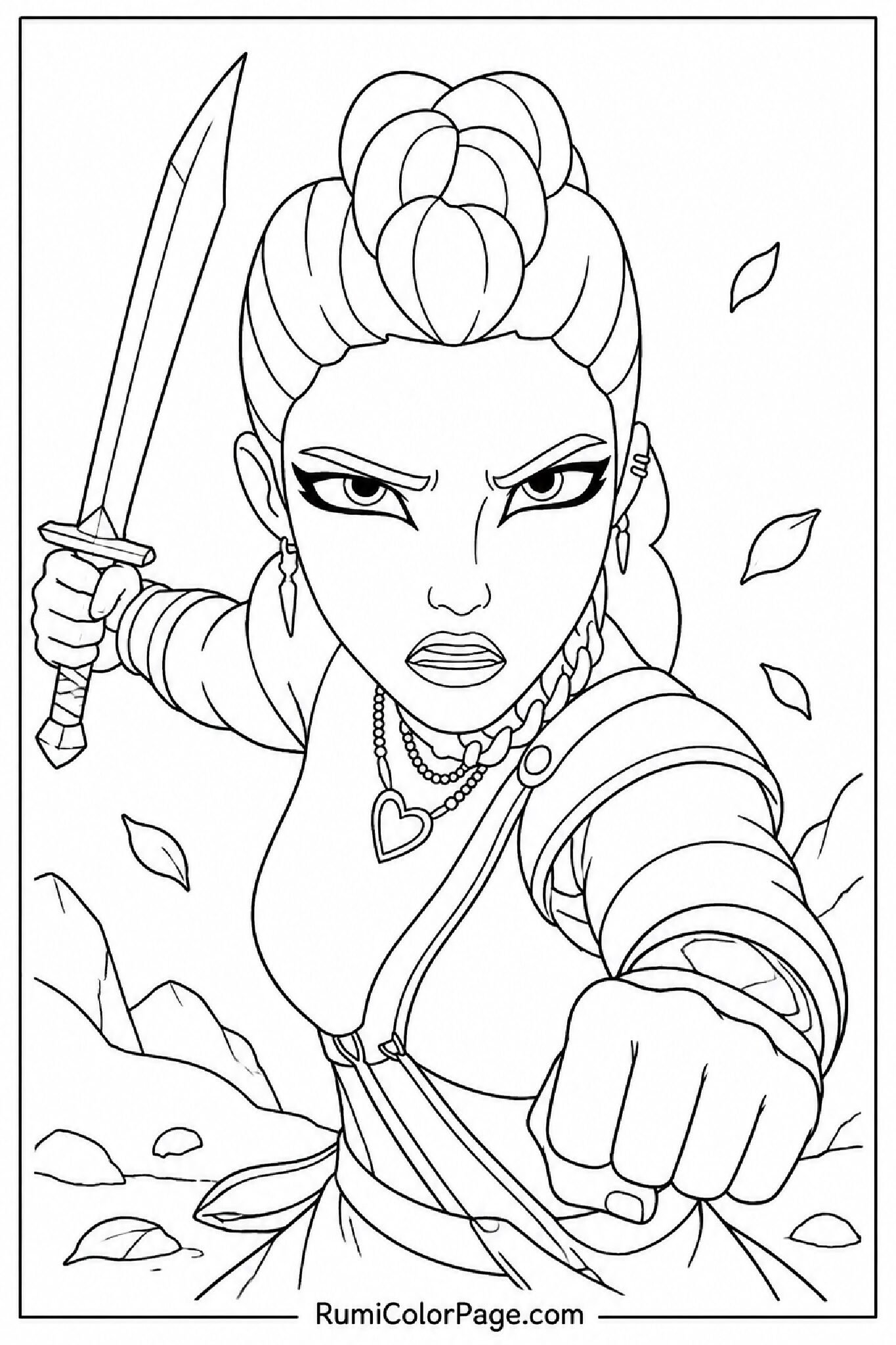 Rumi Looking Intense Mid-Battle Straight-On Front View coloring page