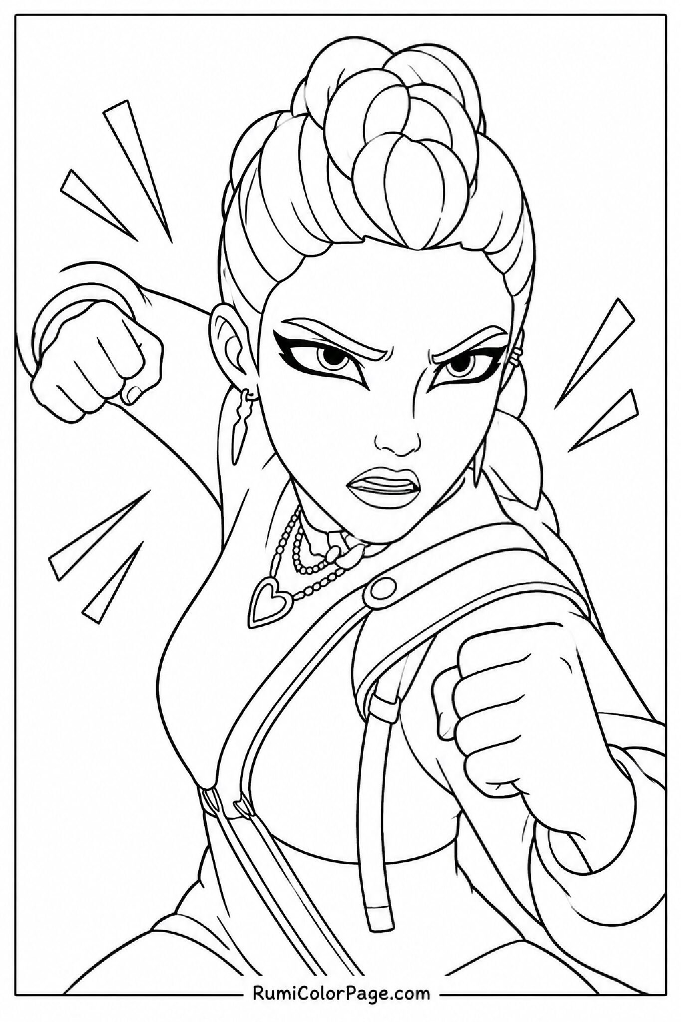 Rumi Looking Intense Mid-Fight Both Arms Raised Half-Body Side Profile coloring page