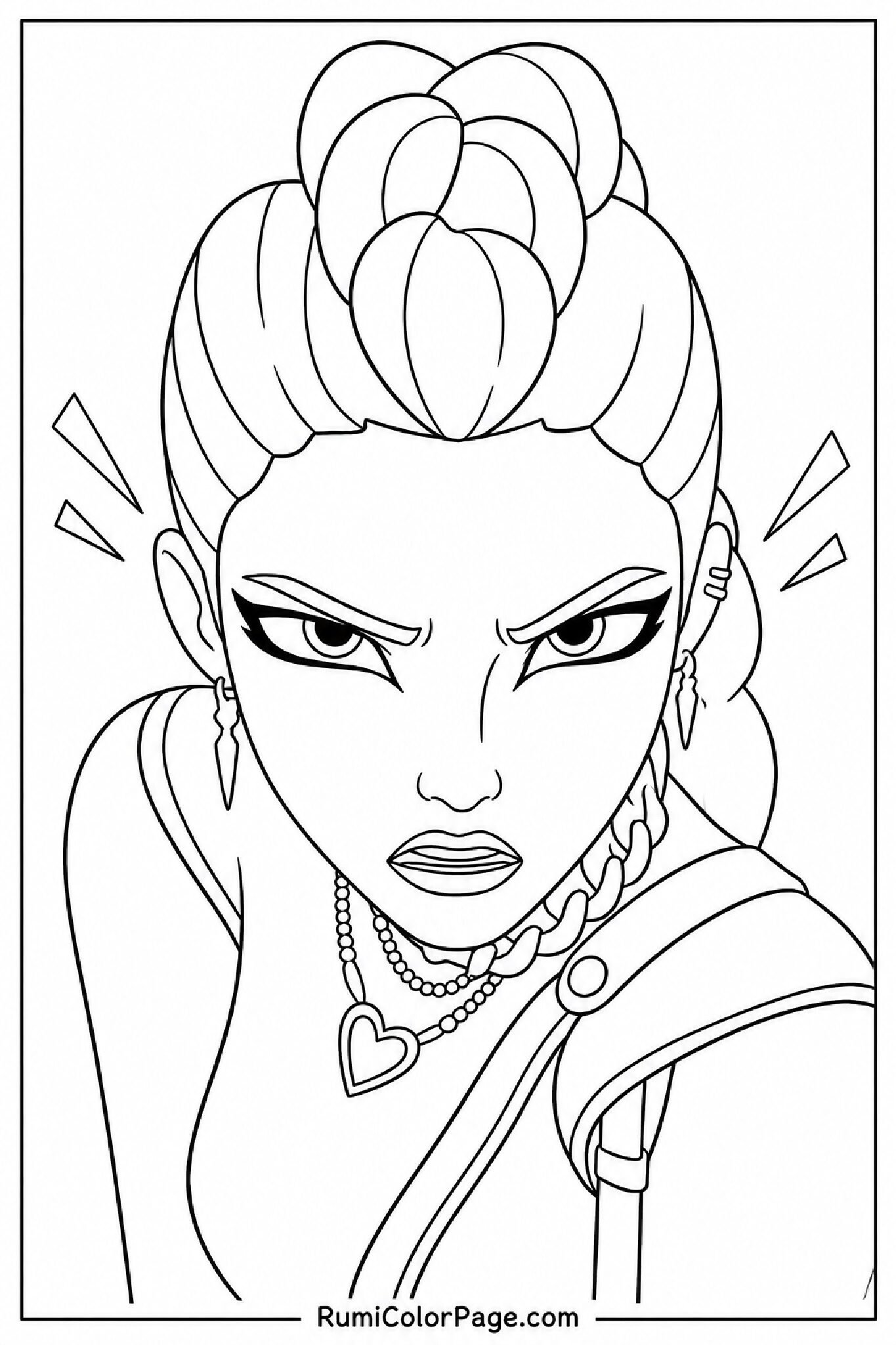 Rumi Looking Intense With Fierce Eyes Close-Up Head Tilted Down coloring page