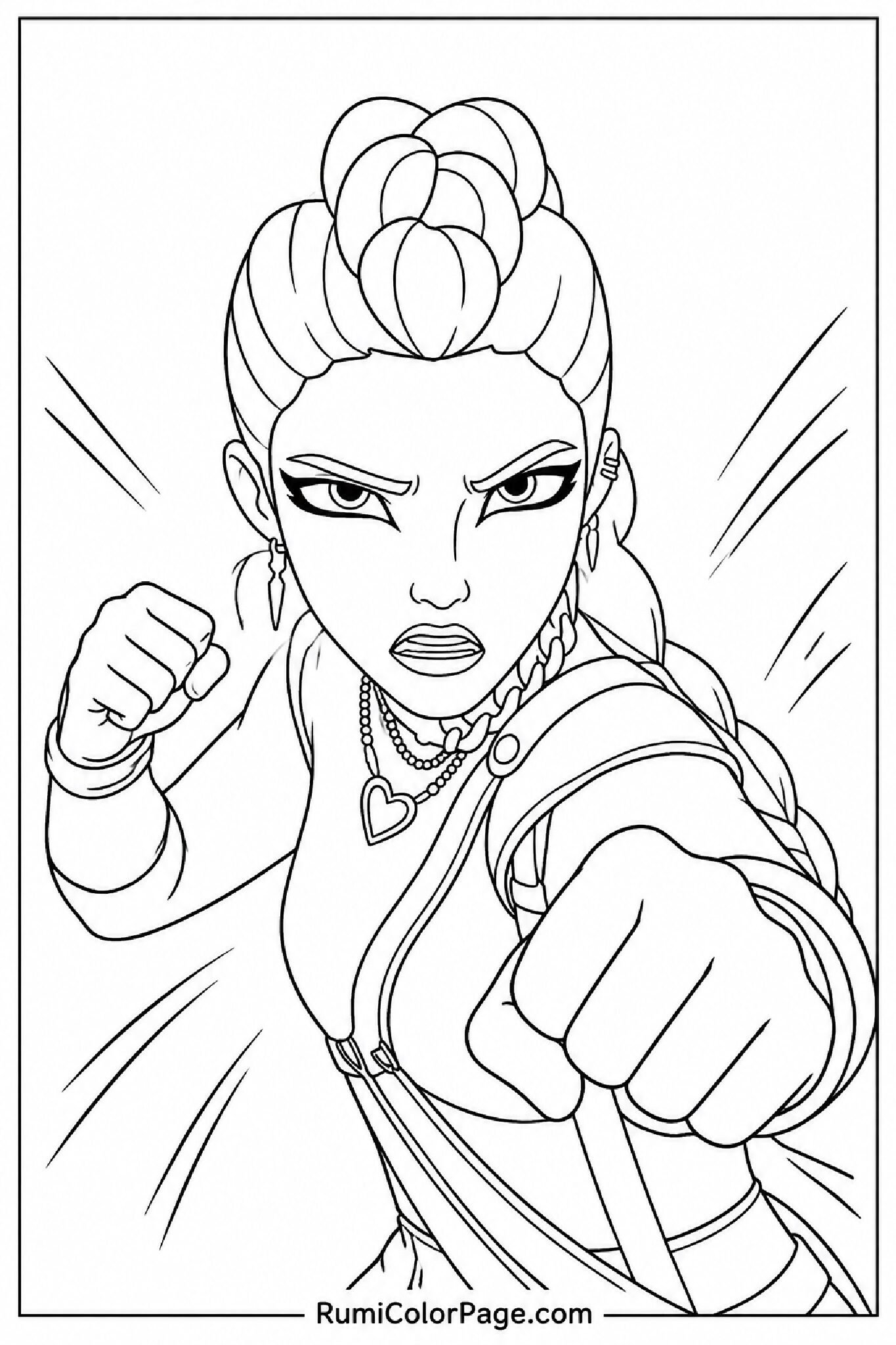 Rumi Looking Intense in a Fight Half-Body Slight Left Turn coloring page