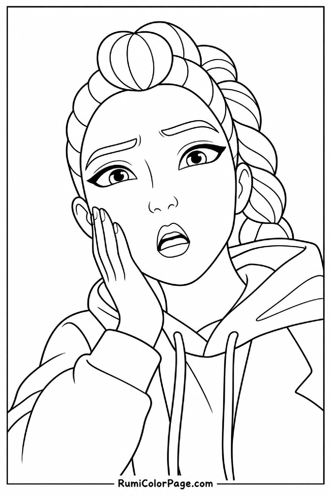 Rumi Looking Surprised Hand Near Cheek Low Angle Close-Up coloring page