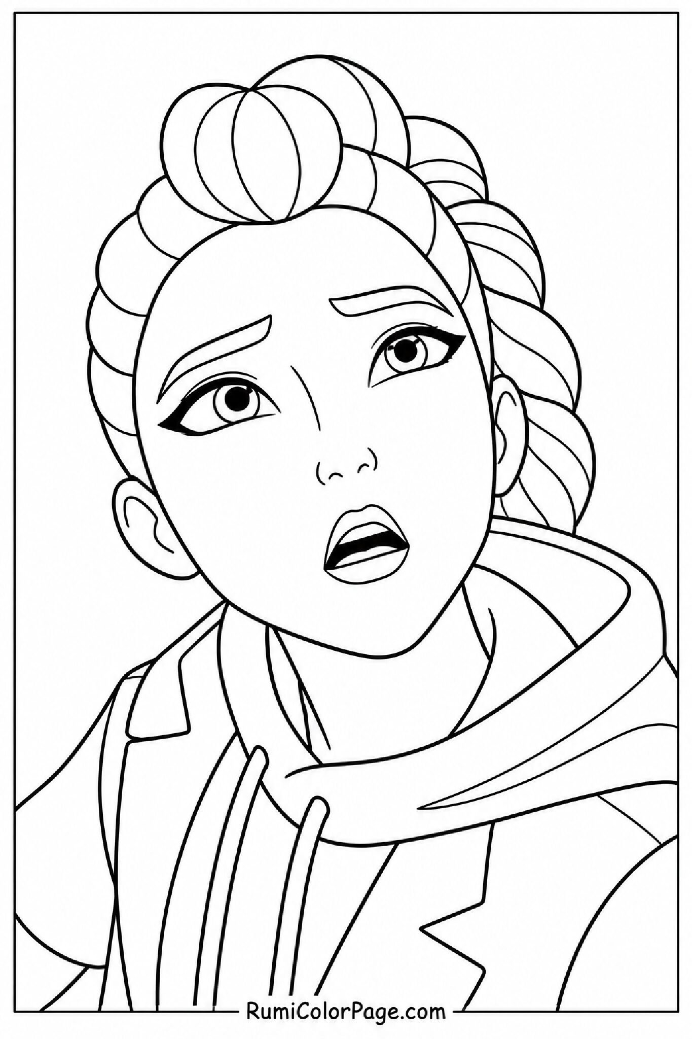 Rumi Looking Surprised Mouth Slightly Open Close-Up Head Tilted Back coloring page