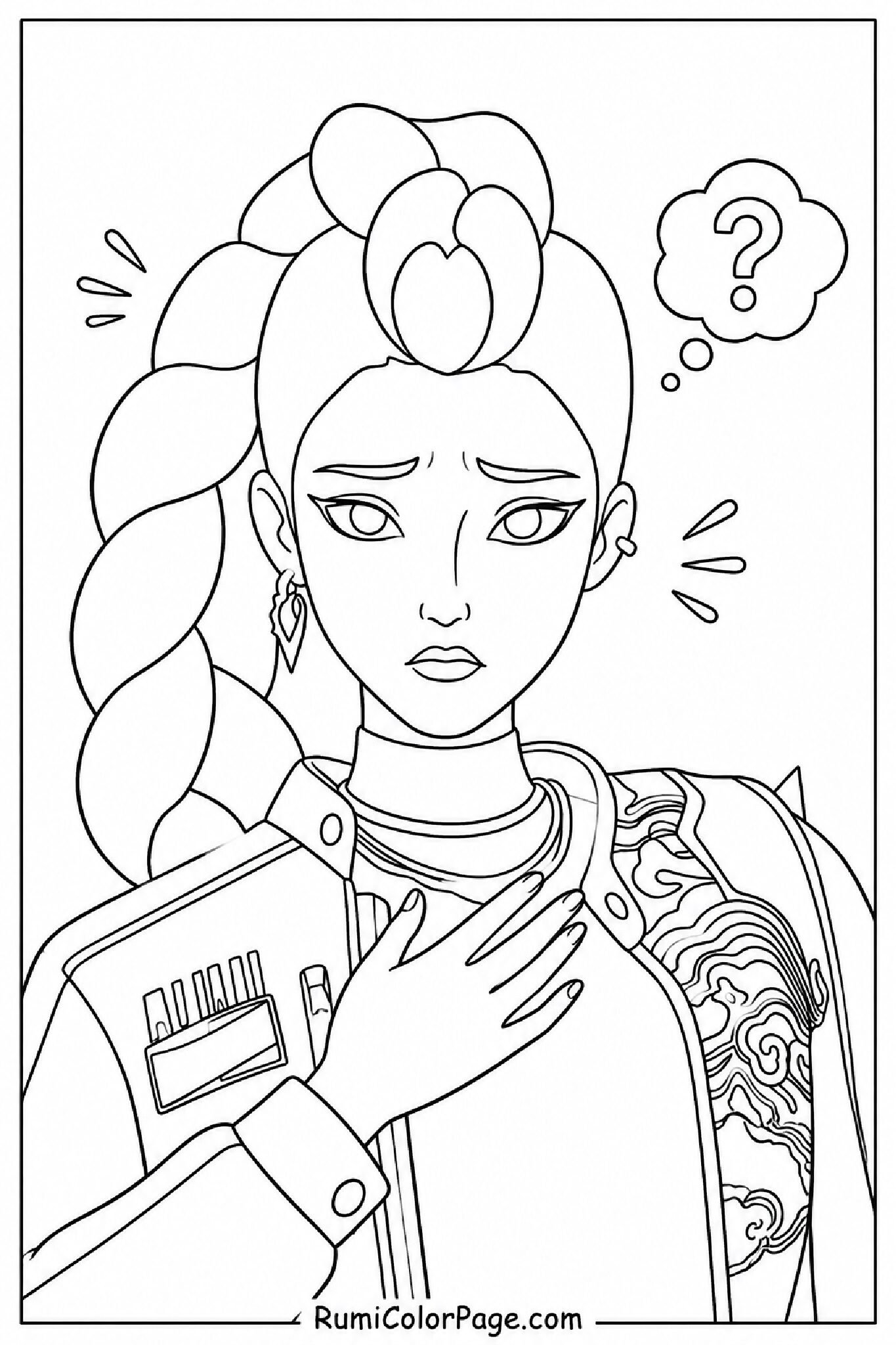 Rumi Looking Worried With Hand on Chest coloring page