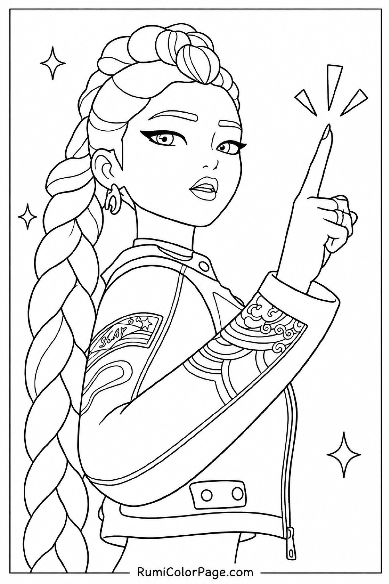 Rumi Pointing Finger Chin Raised Close-Up coloring page