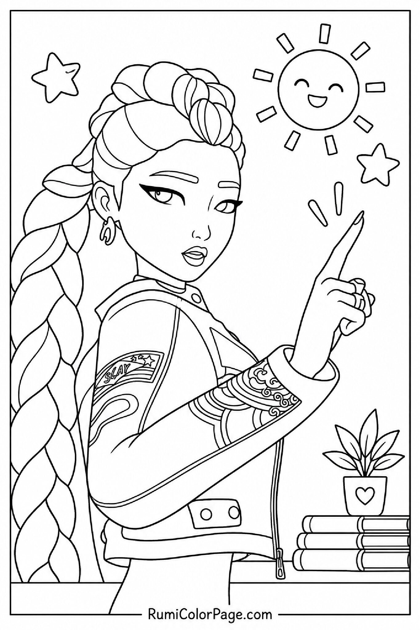 Rumi Pointing Finger Confidently Half-Body Slight Left Turn coloring page