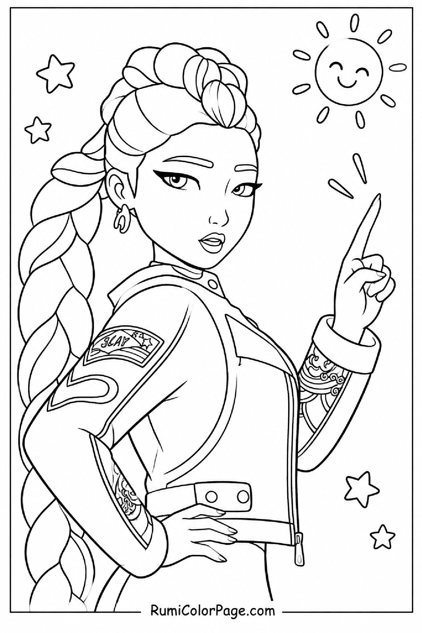 Rumi Pointing Finger Other Hand on Hip Half-Body Side Profile coloring page