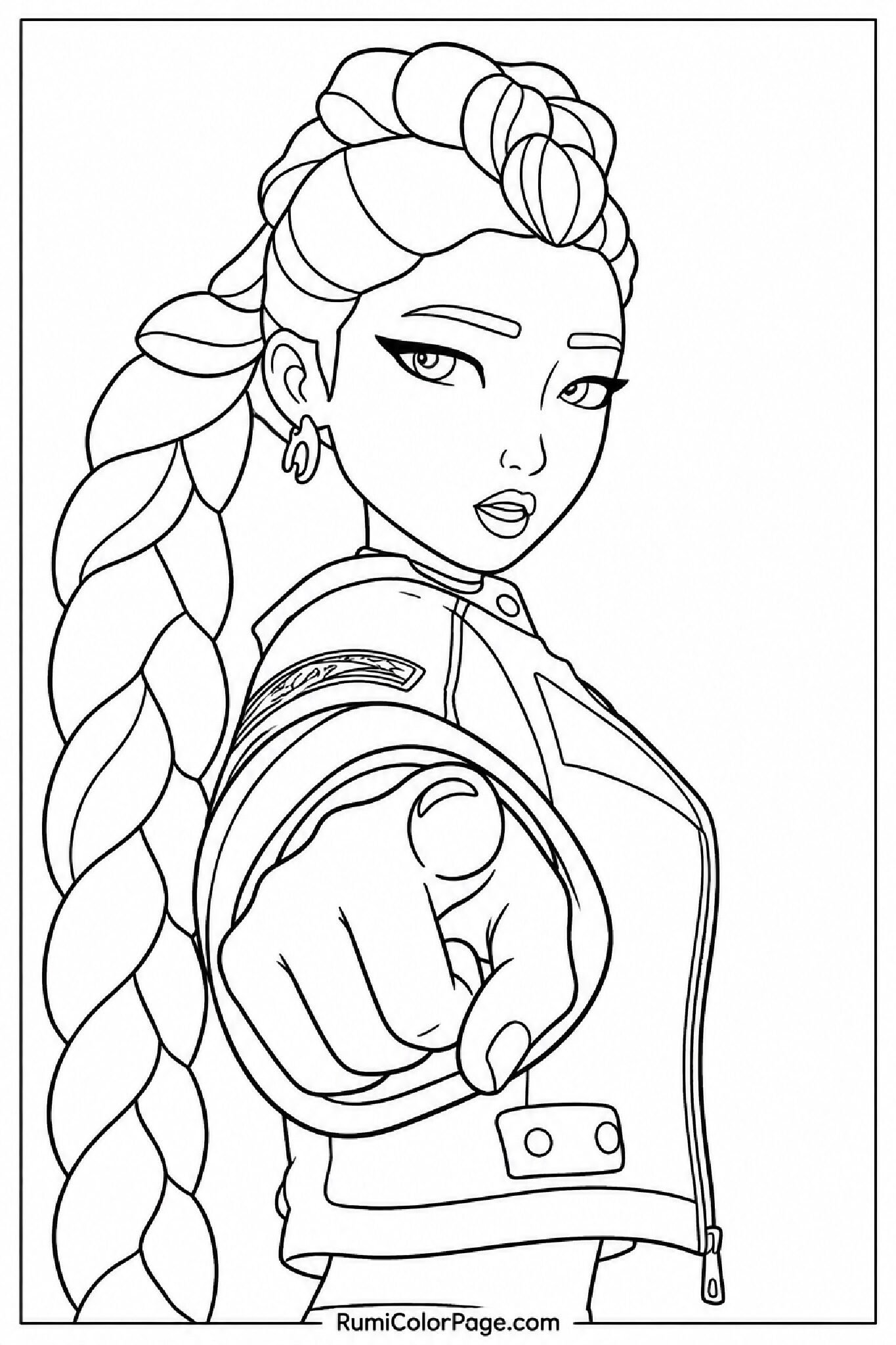 Rumi Pointing Finger Straight Ahead Low Angle Close-Up coloring page
