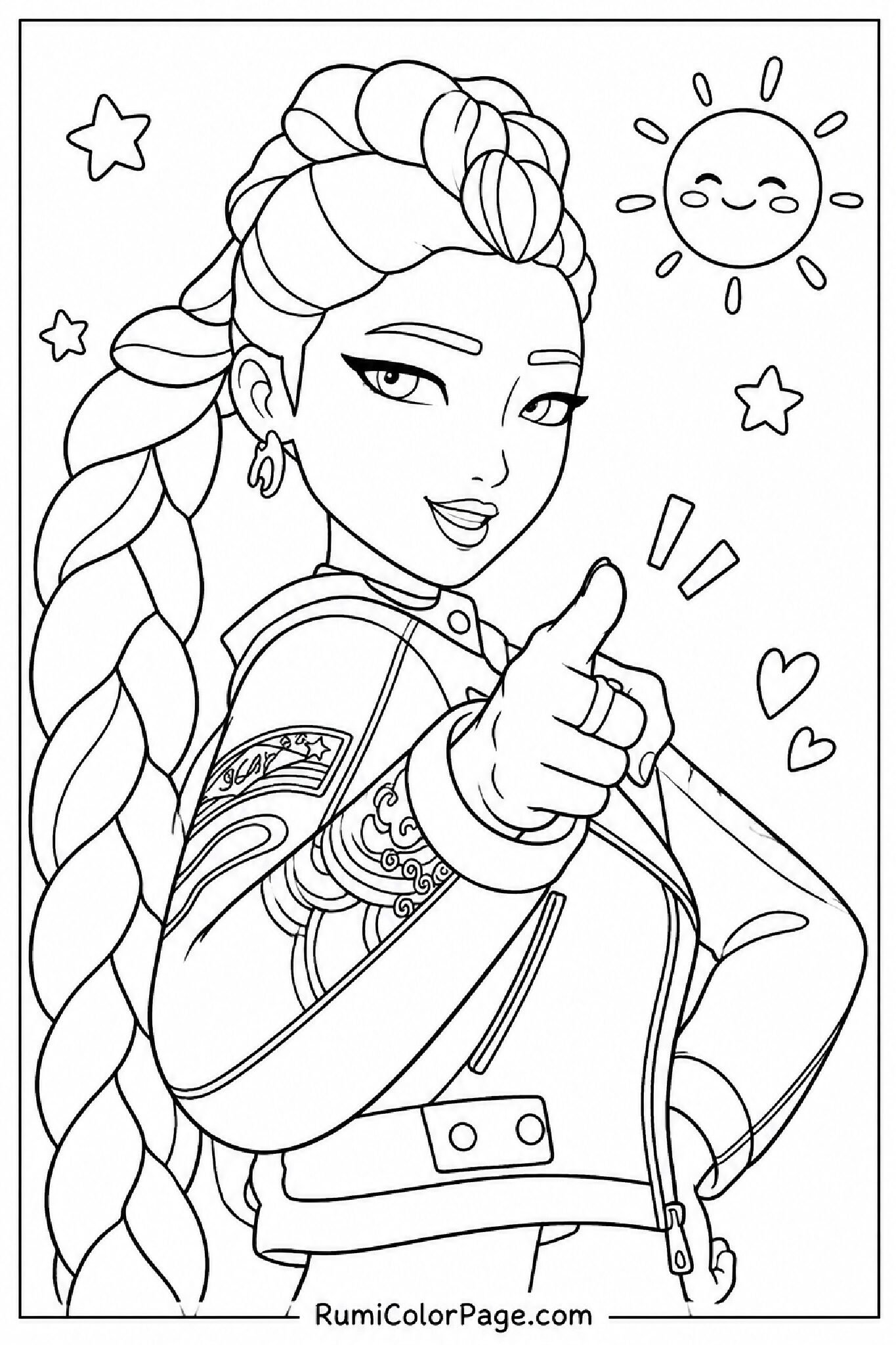 Rumi Pointing Finger With a Smirk Three-Quarter Angle Close-Up coloring page