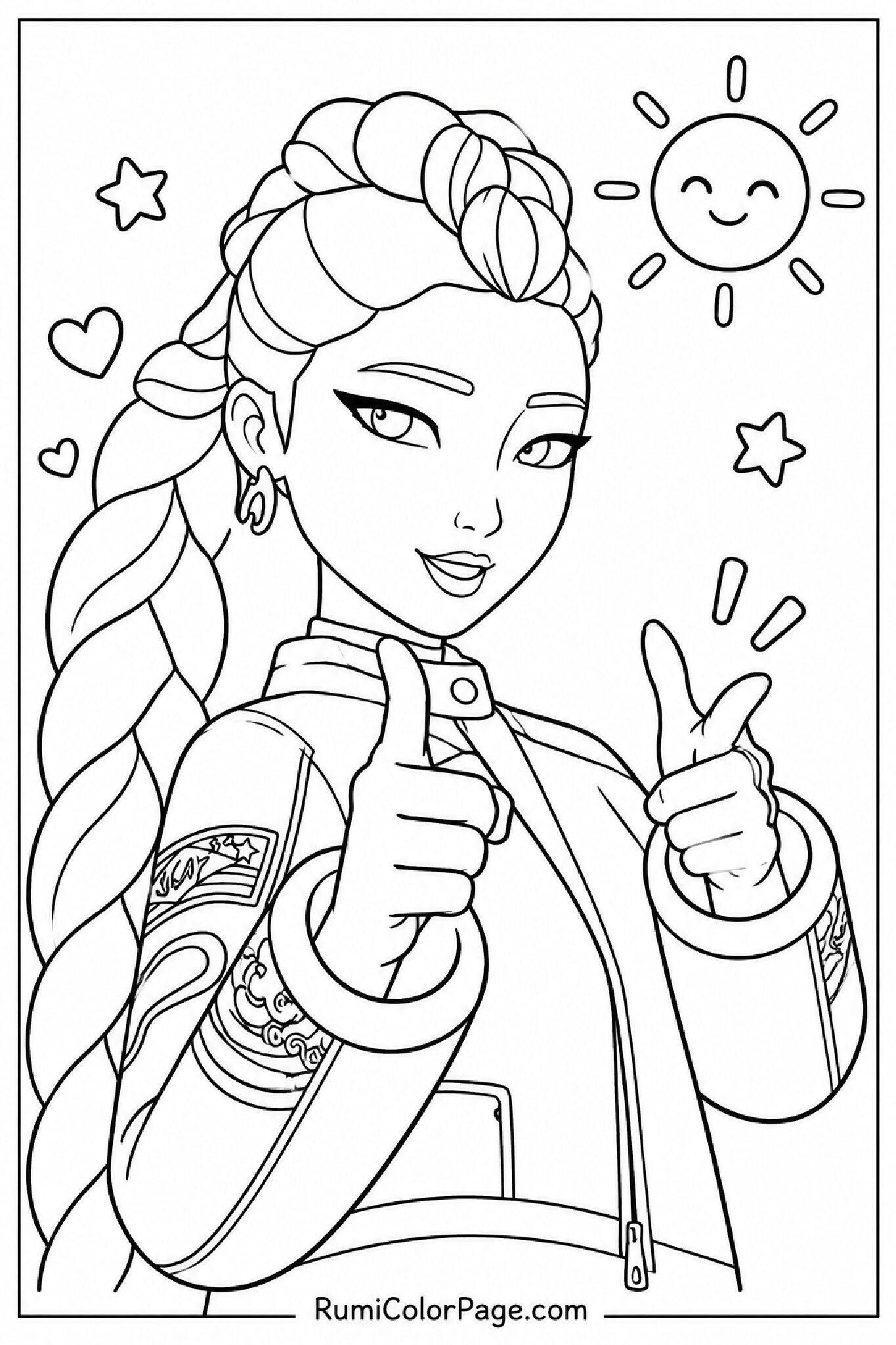 Rumi Pointing Finger and Smiling Straight-On Shoulders-Up coloring page