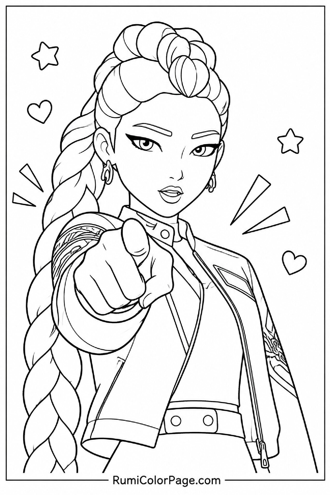 Rumi Pointing Finger at the Viewer Straight-On Front View coloring page