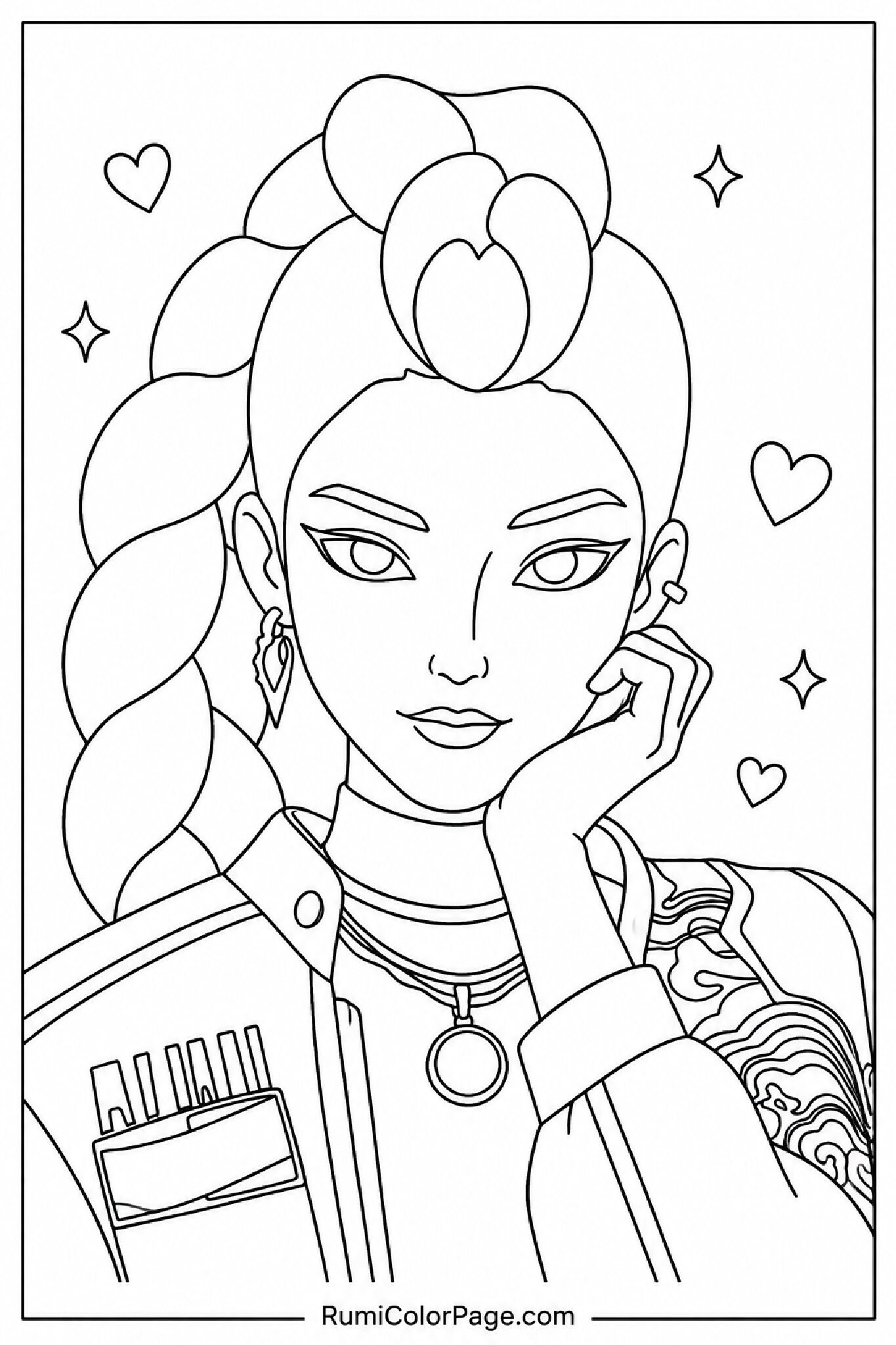 Rumi portrait with braid and jewelry coloring page