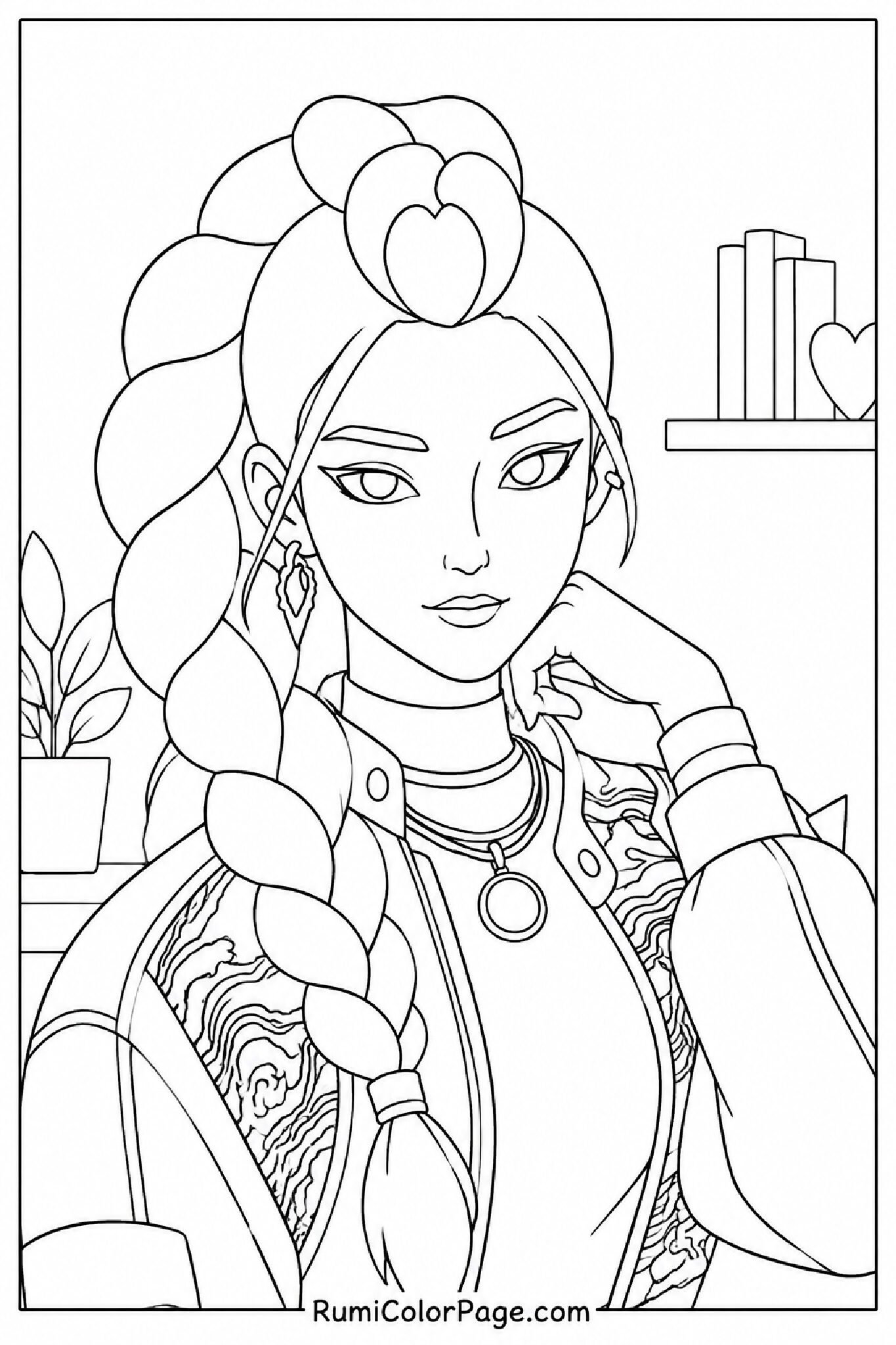 Rumi Portrait With Braid and Jewelry coloring page