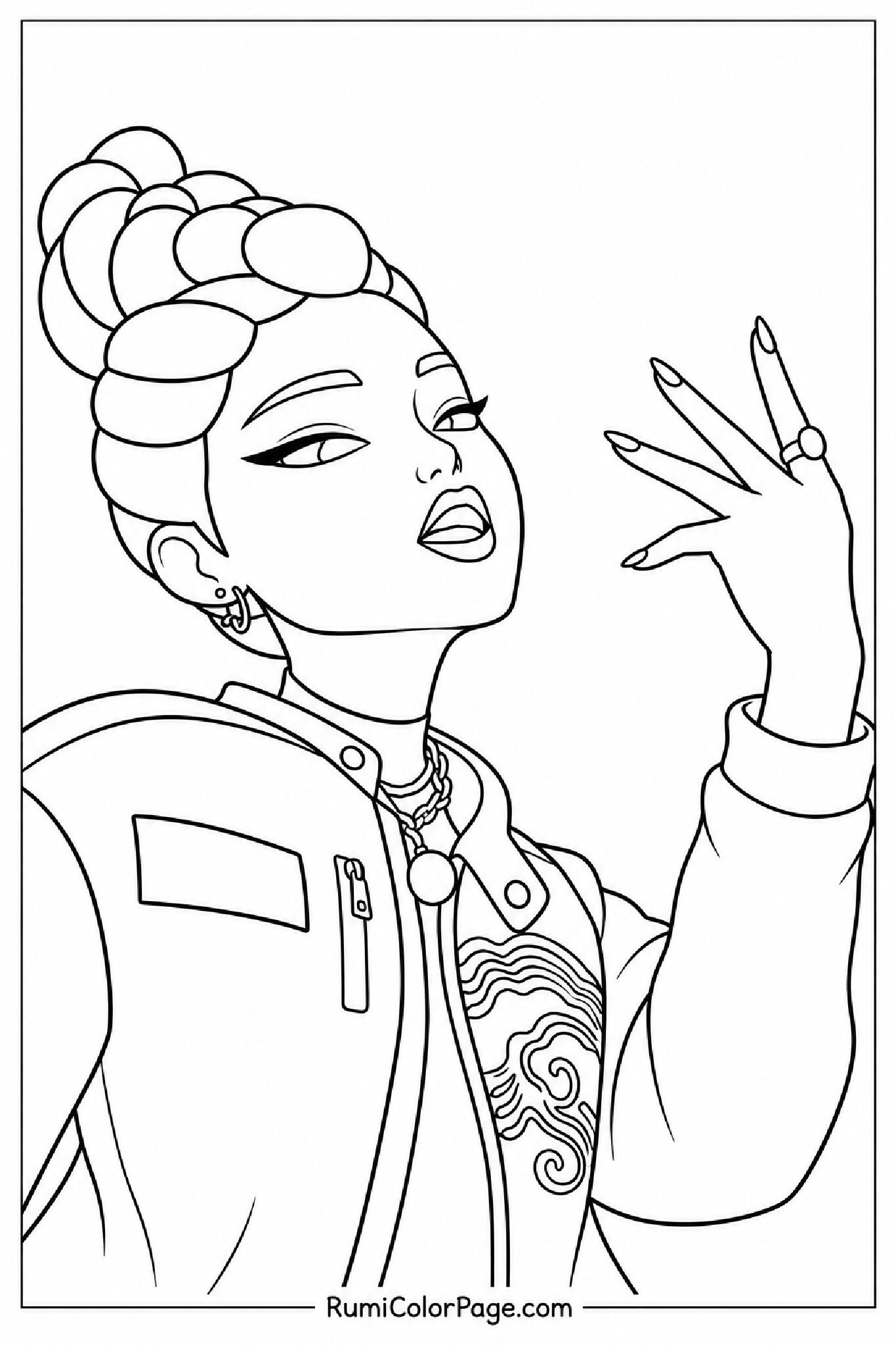Rumi Posing With Hand Raised Chin Raised Close-Up coloring page