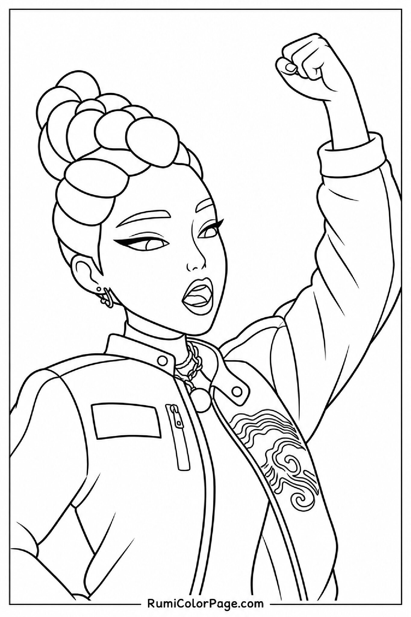 Rumi Posing With Hand Raised Confidently Half-Body Slight Left Turn coloring page