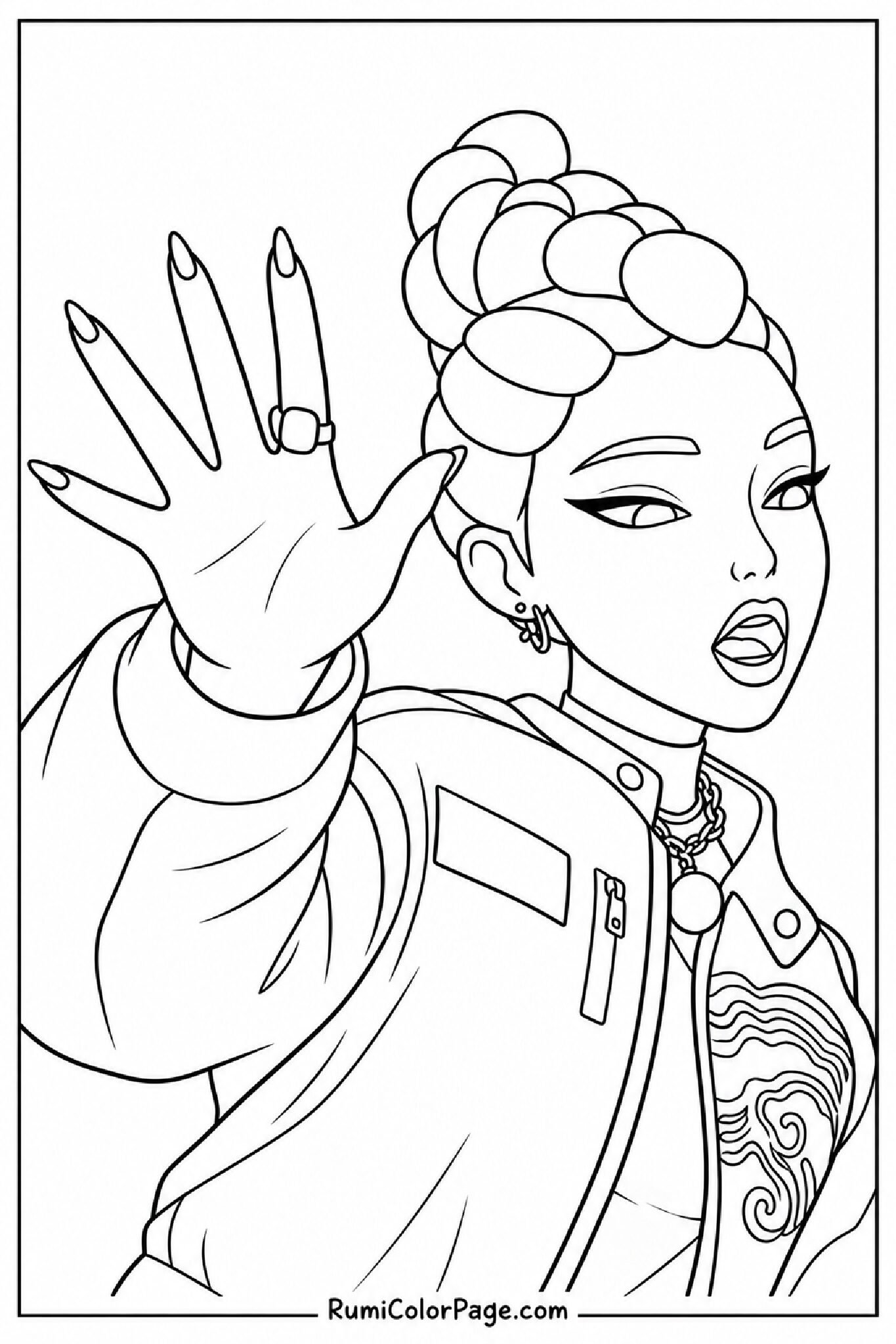 Rumi Posing With Hand Raised Fingers Spread Low Angle Close-Up coloring page