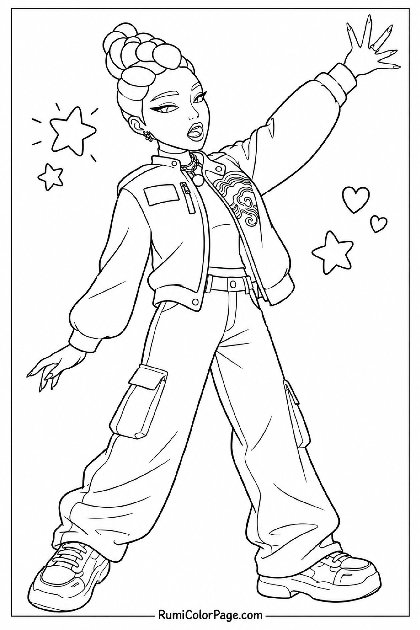 Rumi Posing With Hand Raised Full-Body Slight Right Lean coloring page