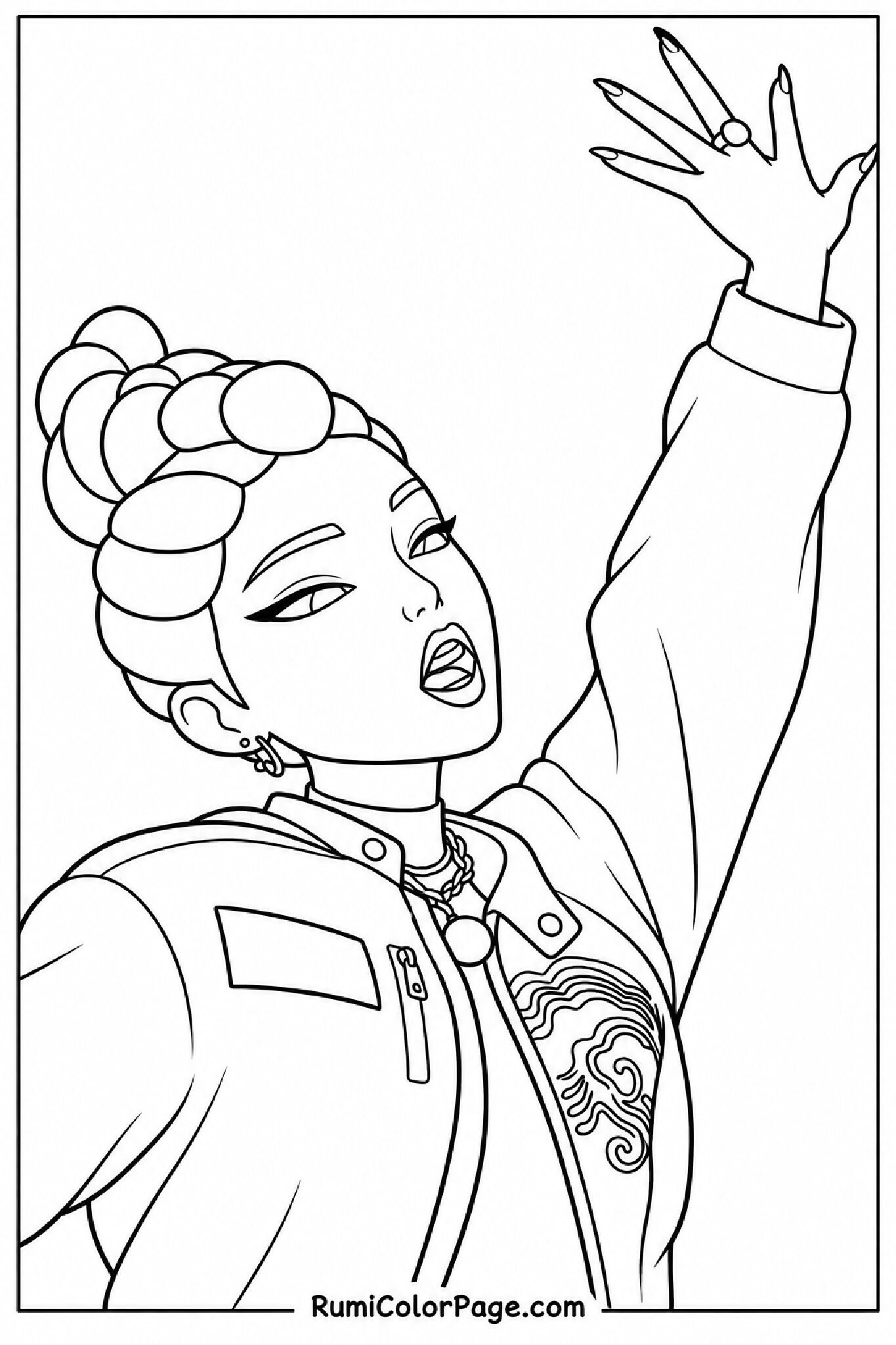 Rumi Posing With Hand Raised High Close-Up Head Tilted Back coloring page