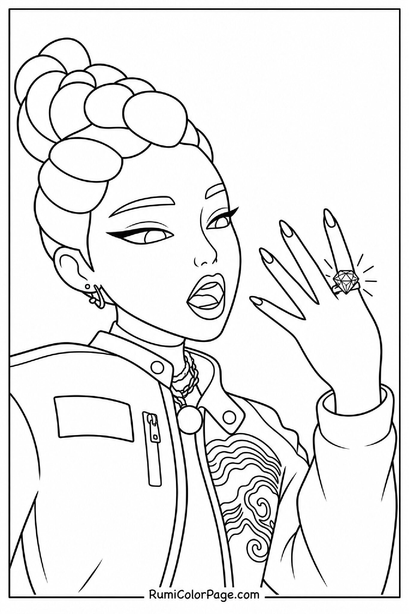 Rumi Posing With Hand Raised Showing a Ring Three-Quarter Angle Close-Up coloring page