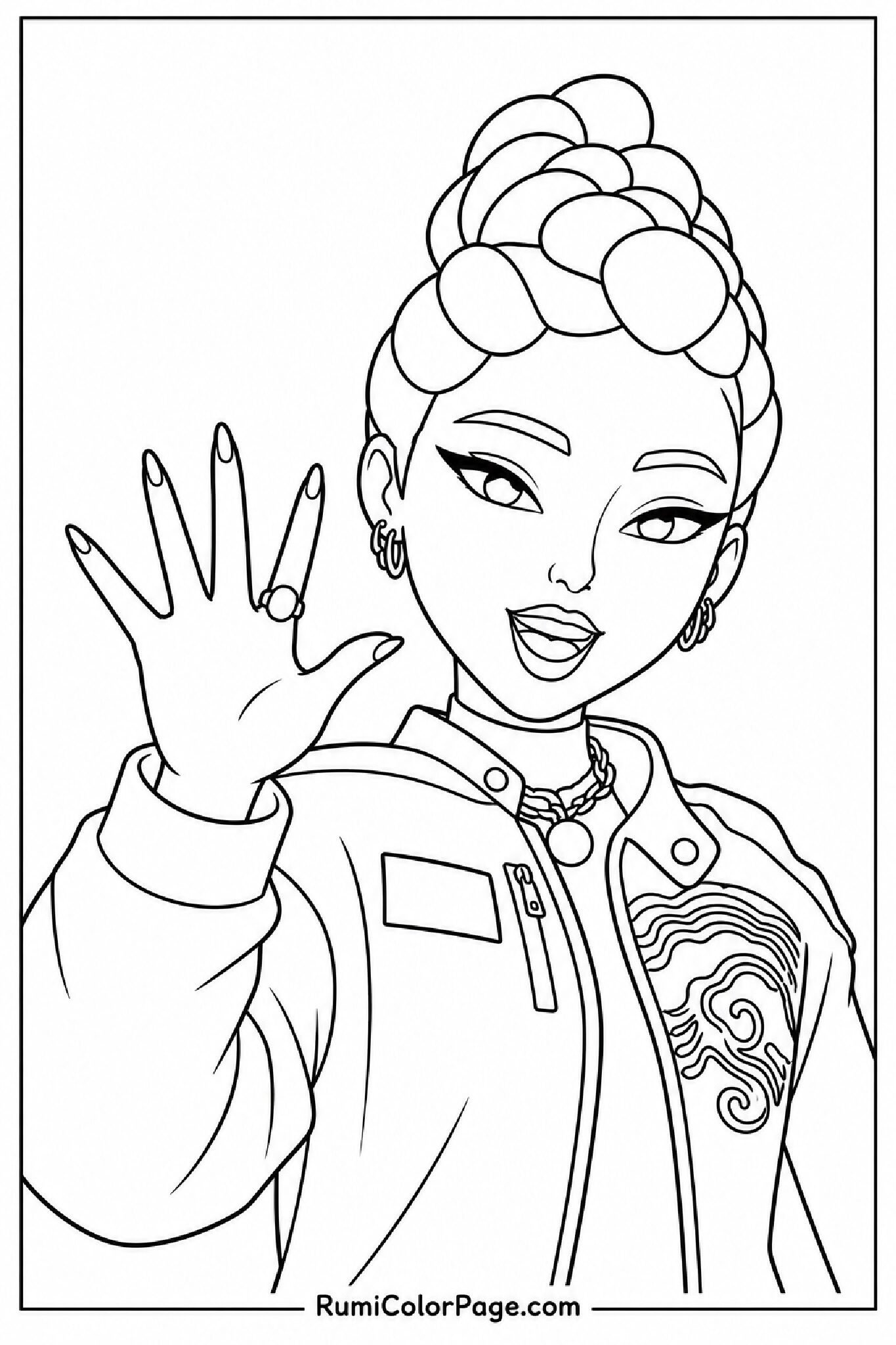 Rumi Posing With Hand Raised Straight-On Front View coloring page