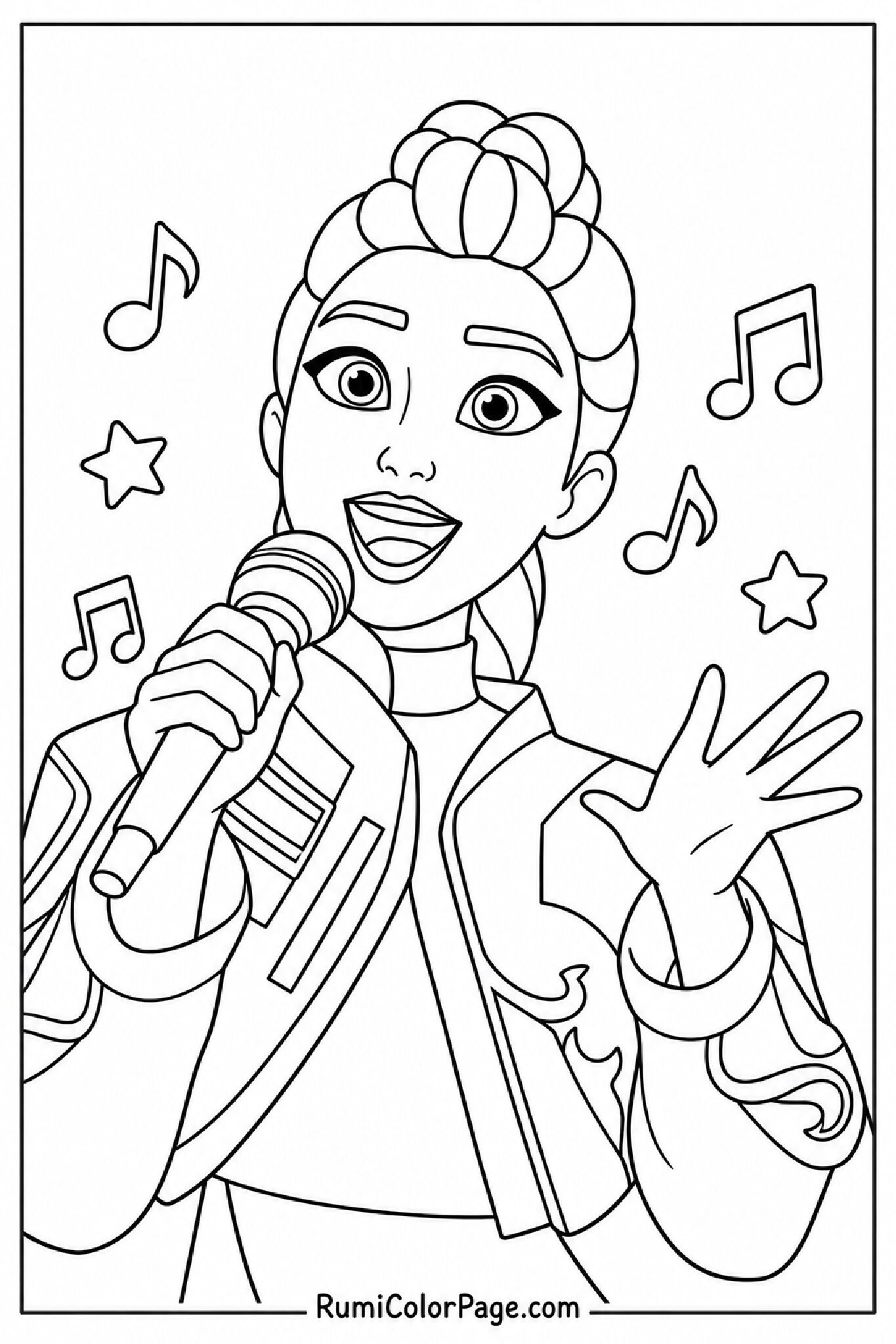 Rumi singing with a microphone coloring page