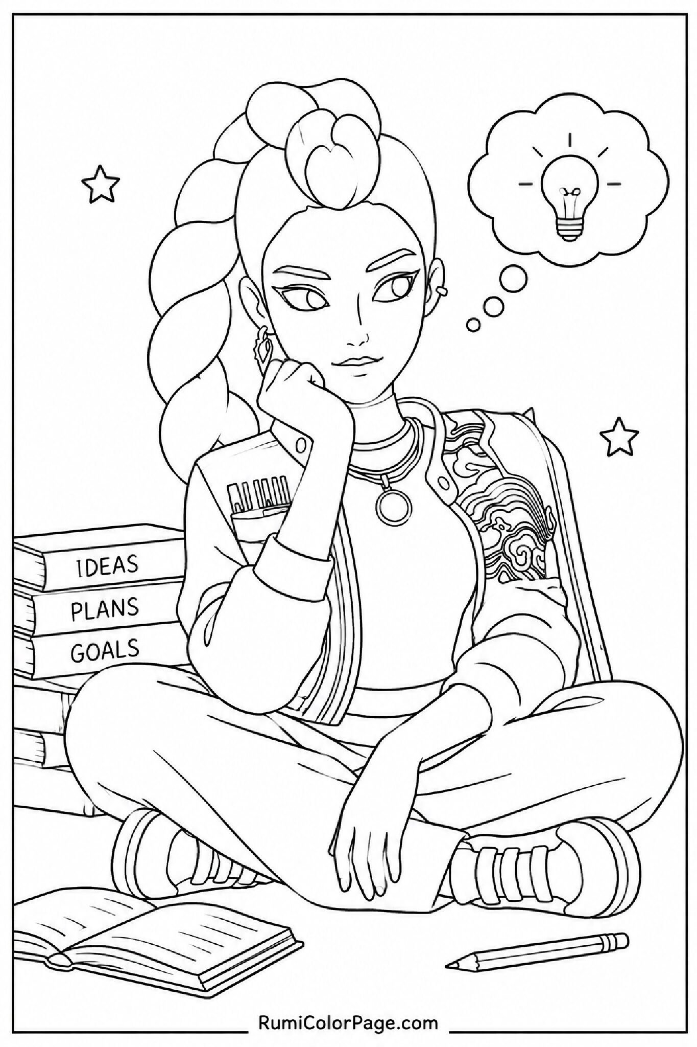 Rumi Sitting Cross-Legged Thinking coloring page