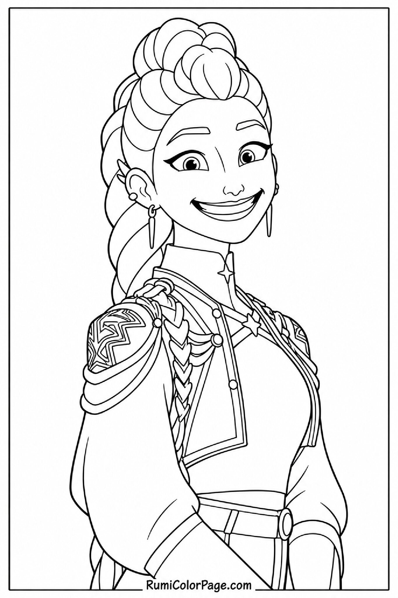 Rumi With Big Smile Both Arms Relaxed Half-Body Side Profile coloring page