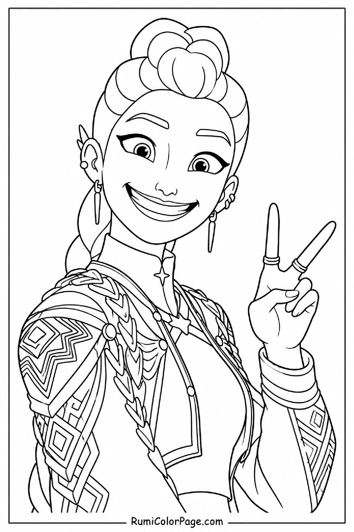 Rumi With Big Smile Detailed Sleeve Pattern Three-Quarter Angle Close-Up coloring page